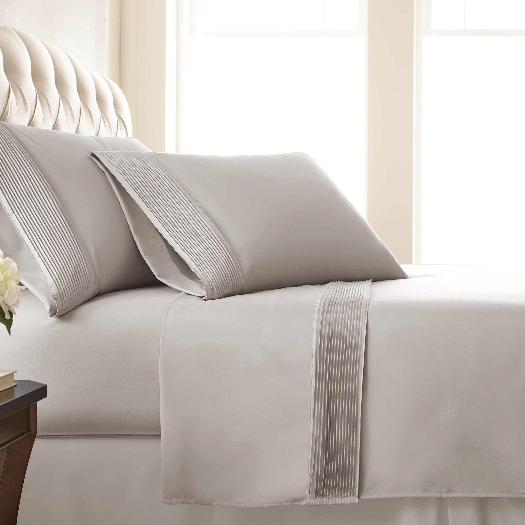 Side View of Vilano Extra Deep Pocket Pleated Sheet Set in Bone#color_vilano-bone