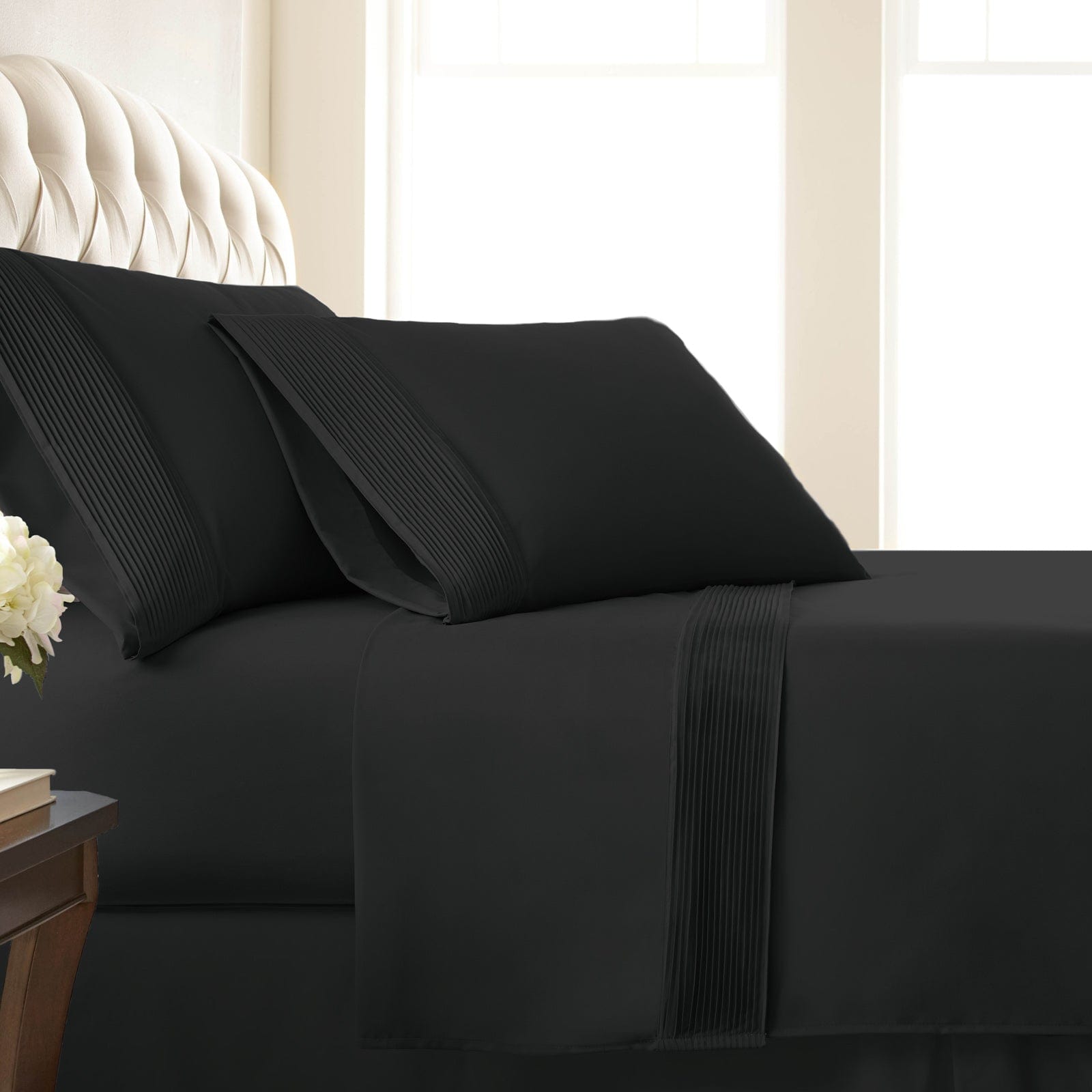 Side View of Vilano Extra Deep Pocket Pleated Sheet Set in Black#color_vilano-black
