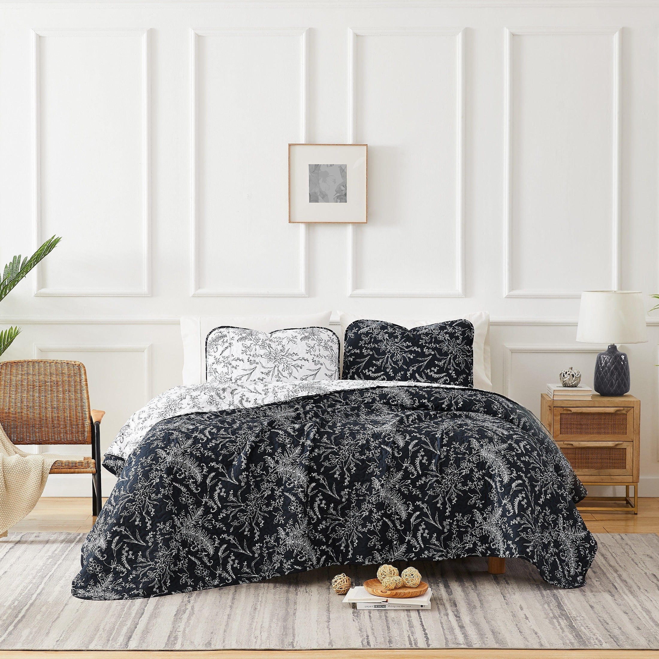 Front View of Winter Brush Reversible Quilt Set in Black#color_winter-brush-black