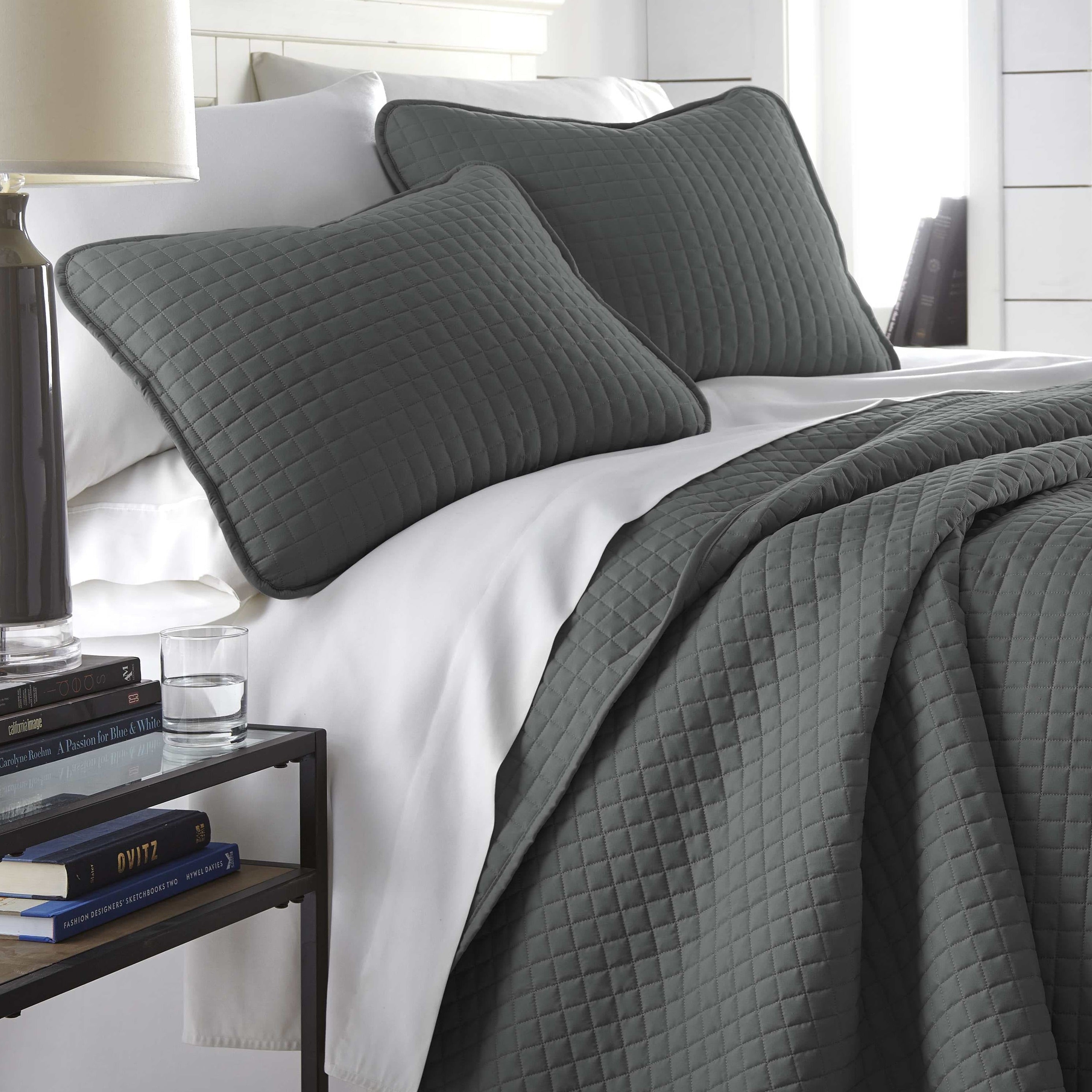 Side View of Vilano Oversized Quilt Set in Slate #color_vilano-slate