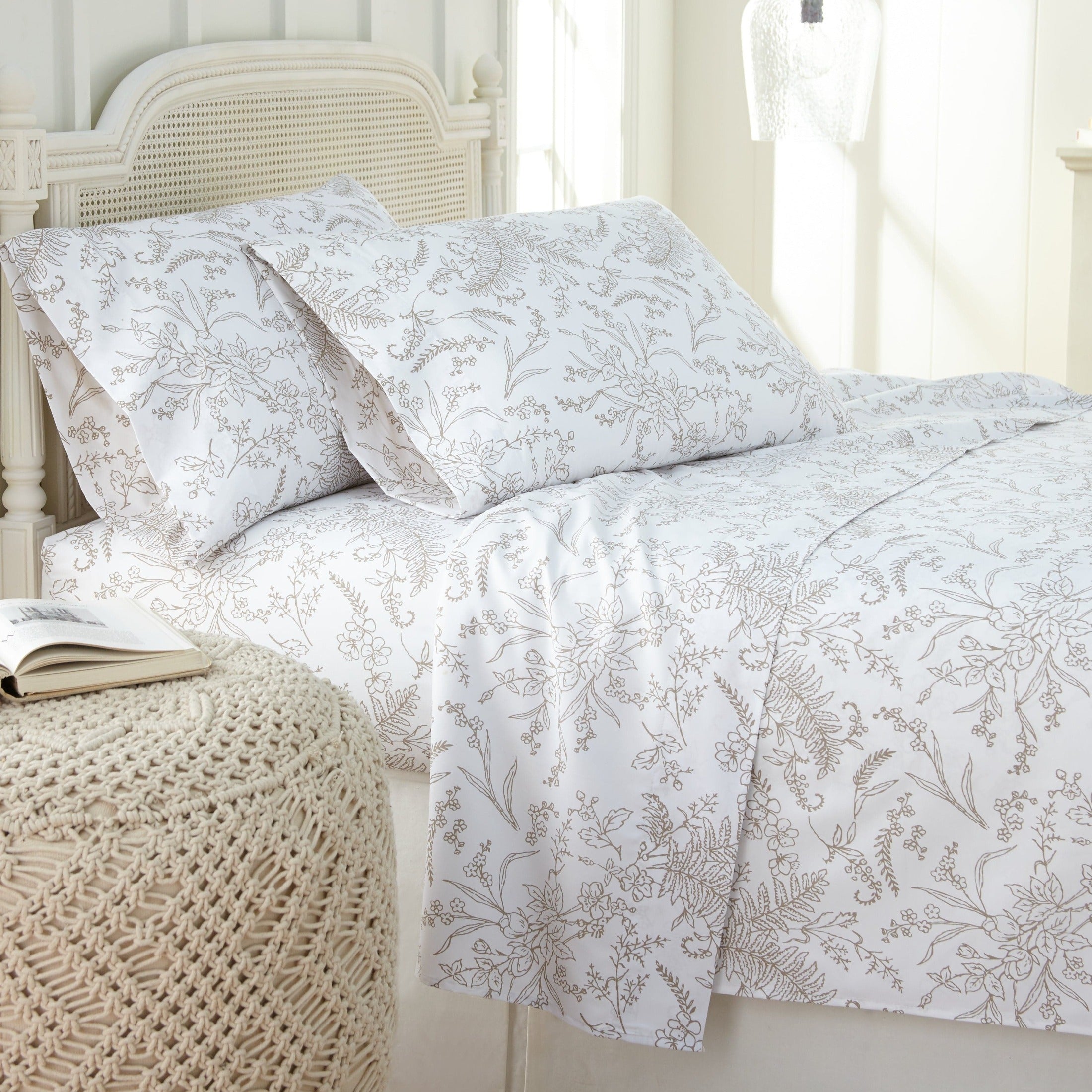 Side View of Winter Brush Pillow Cases in White and Warm Sand Flowers#color_winter-brush-white-with-warm-sand-flowers