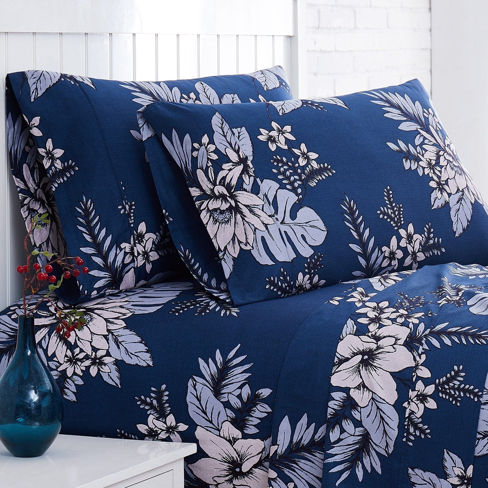 Close Up View of Flora Pillow Case in Blue#color_flora-blue