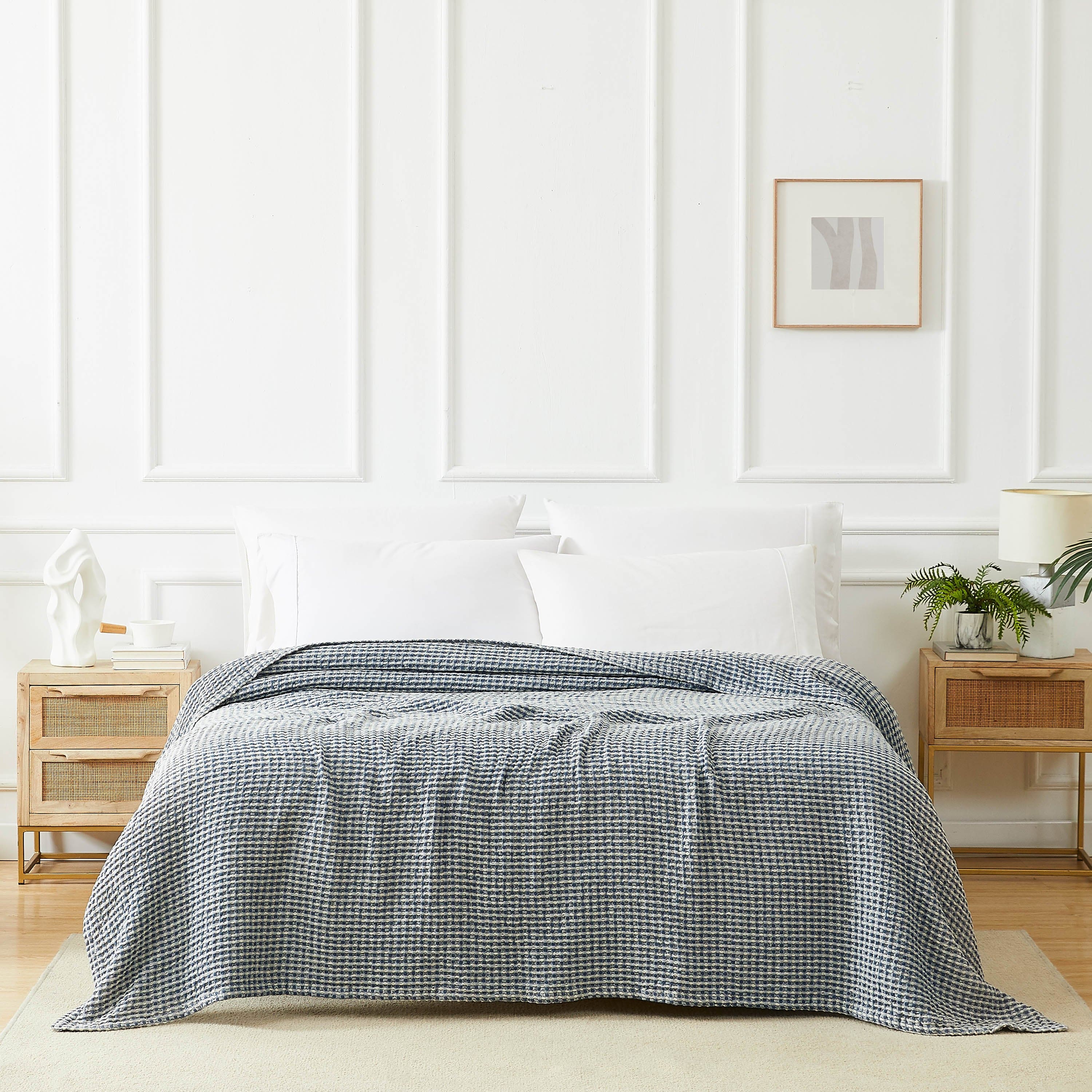 Front View of Tama Cotton Blanket and Throw in steel blue#color_tama-steel-blue