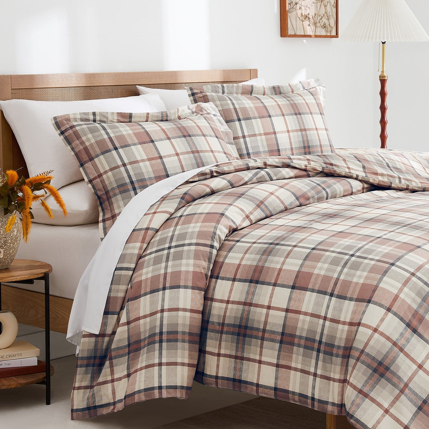 Angled View of Highland Cotton Duvet Cover Set in Rust#color_highland-rust