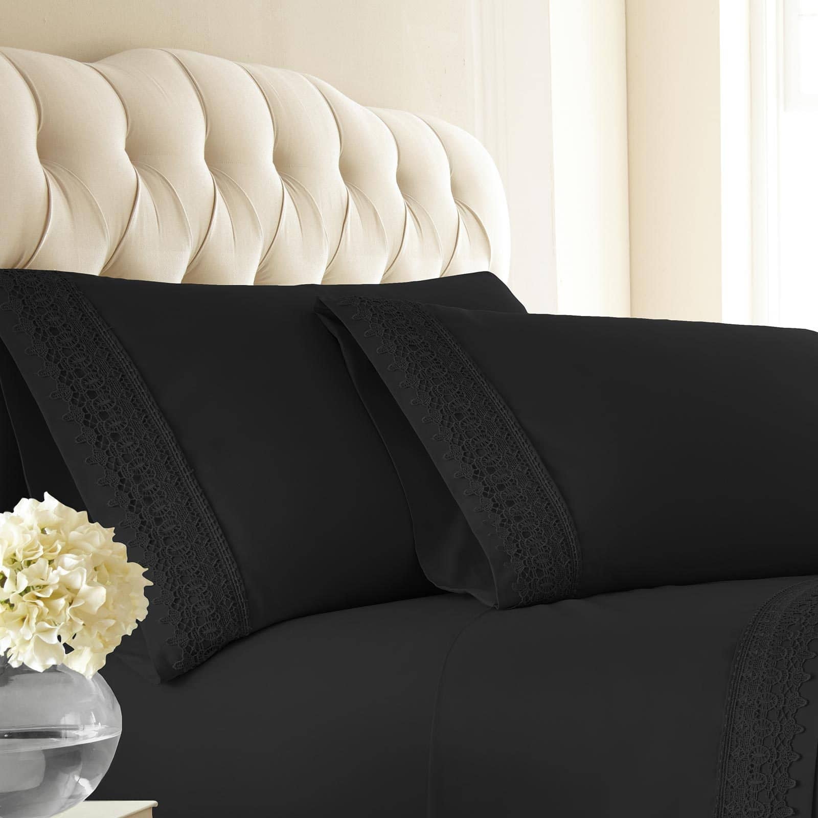 Close Up View of Vilano Lace Hem Pillow Case in Black#color_vilano-black