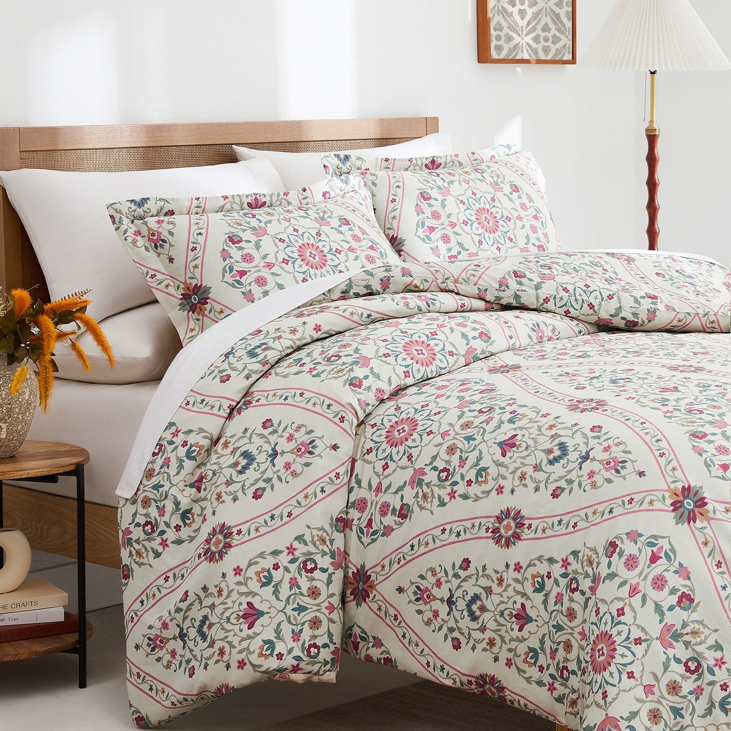 Angled View of Kashmir Cotton Duvet Cover Set in Multi-color#color_kashmir-multi-color