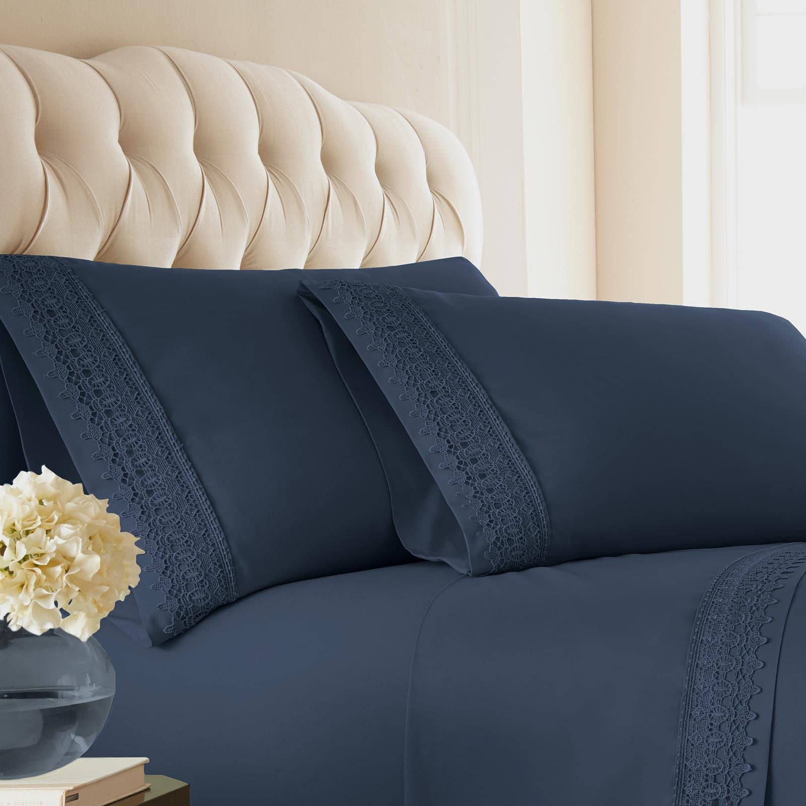 Close Up View of Vilano Lace Hem Pillow Case in Dark Blue#color_vilano-dark-blue
