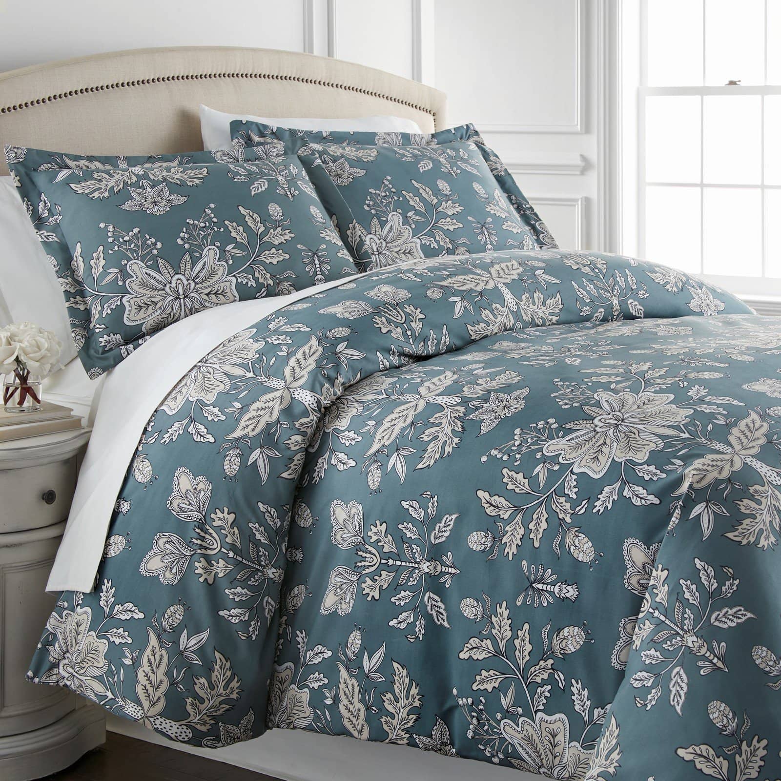 Side View of Vintage Garden Comforter Set in Smokey Blue#color_vintage-smokey-blue