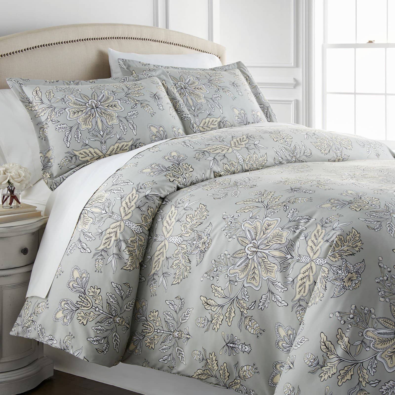 Side View of Vintage Garden Duvet Cover Set in Sandy Grey#color_vintage-sandy-grey
