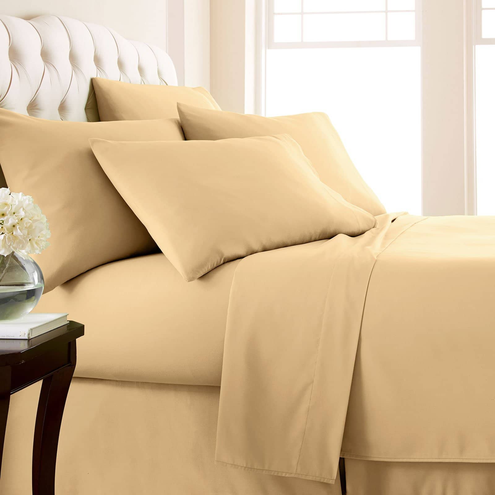 Side View of Vilano Extra Deep Pocket 6-Piece Sheet Set in Gold#color_vilano-gold