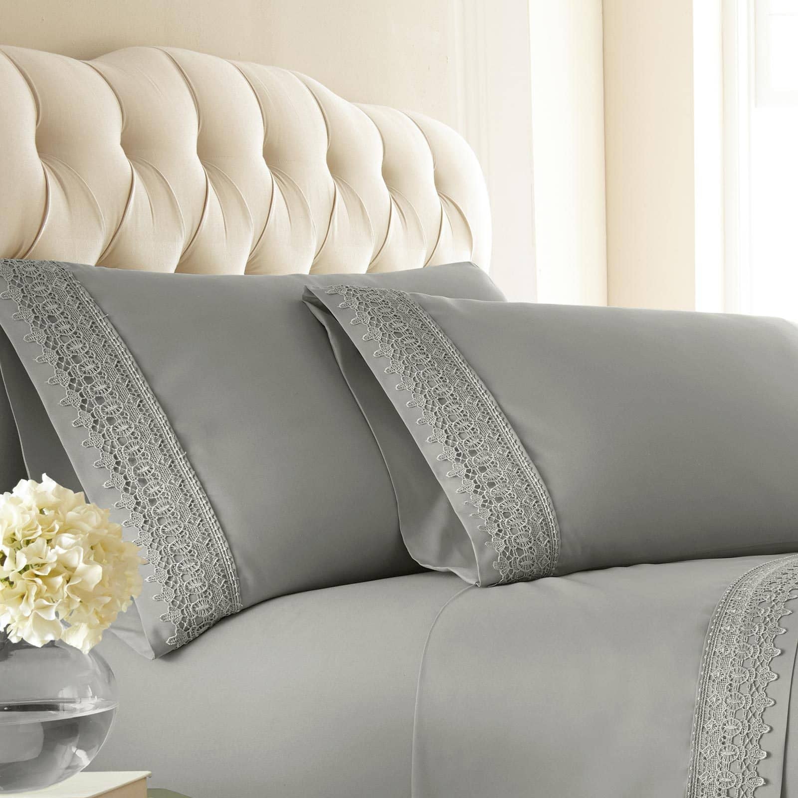 Close Up View of Vilano Lace Hem Pillow Case in Steel Grey#color_vilano-steel-gray
