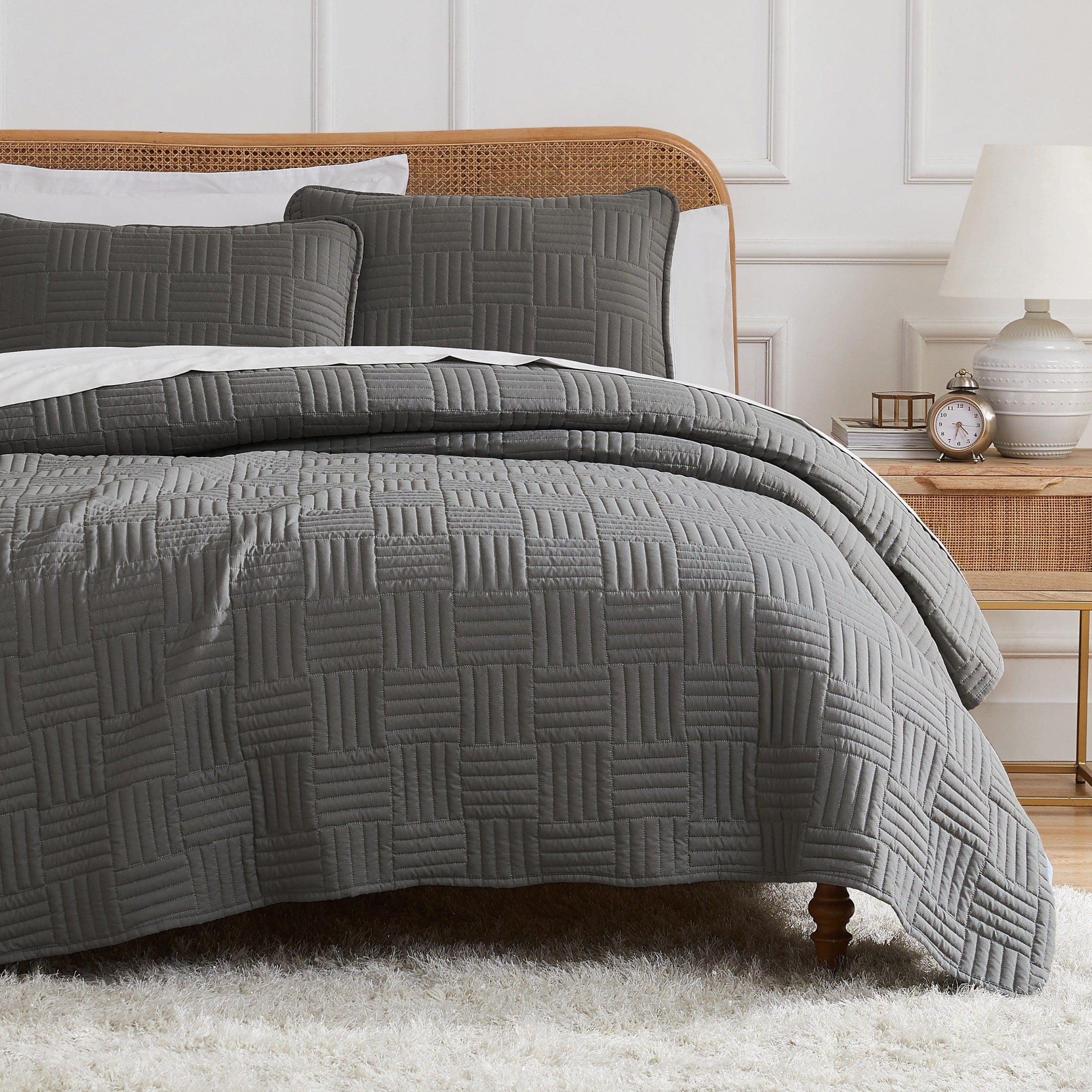 Half Front View of Grid Oversized Quilt Set in Slate#color_grid-slate