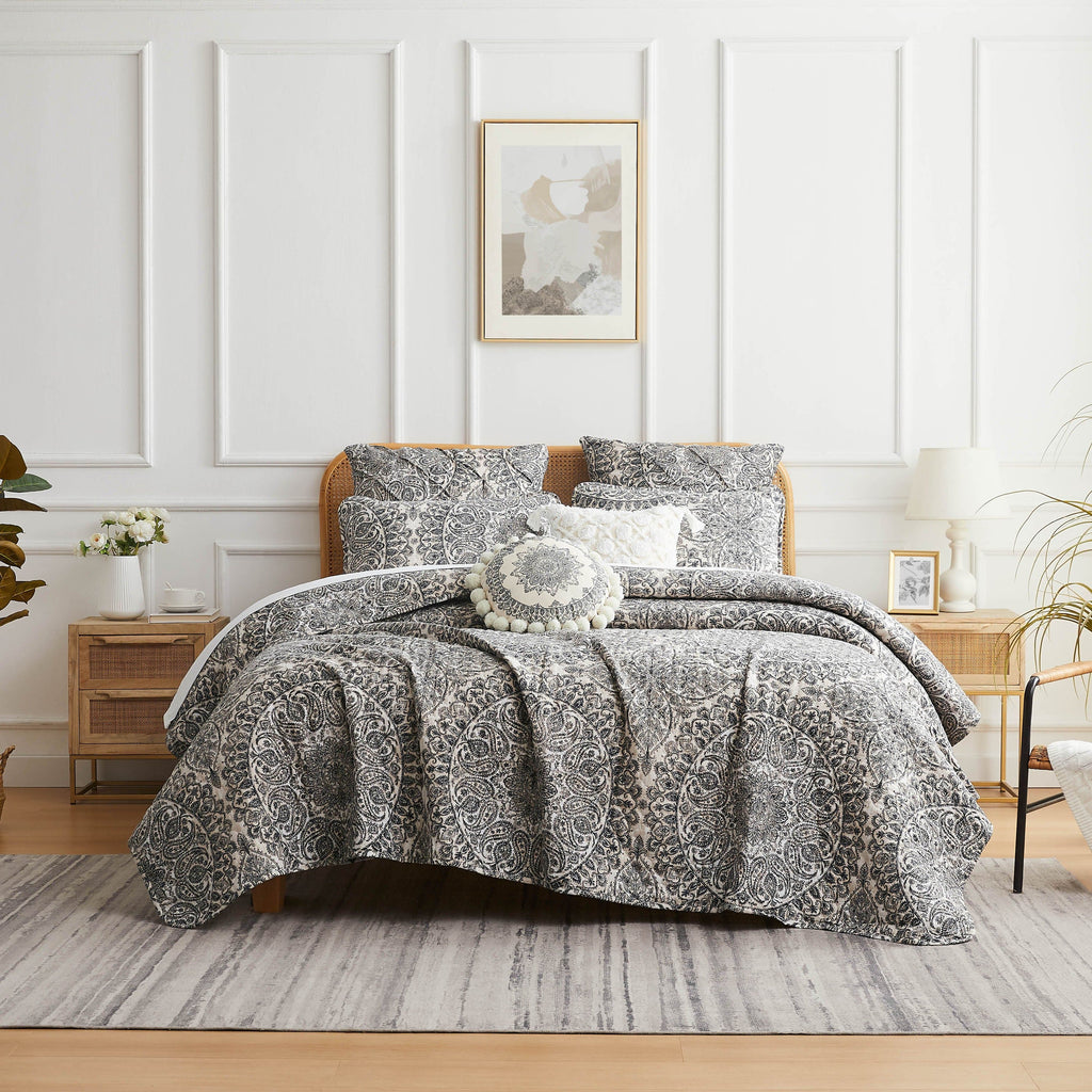 Front View of Ashanti Oversized 7-Piece Quilt Set in grey#color_ashanti-grey