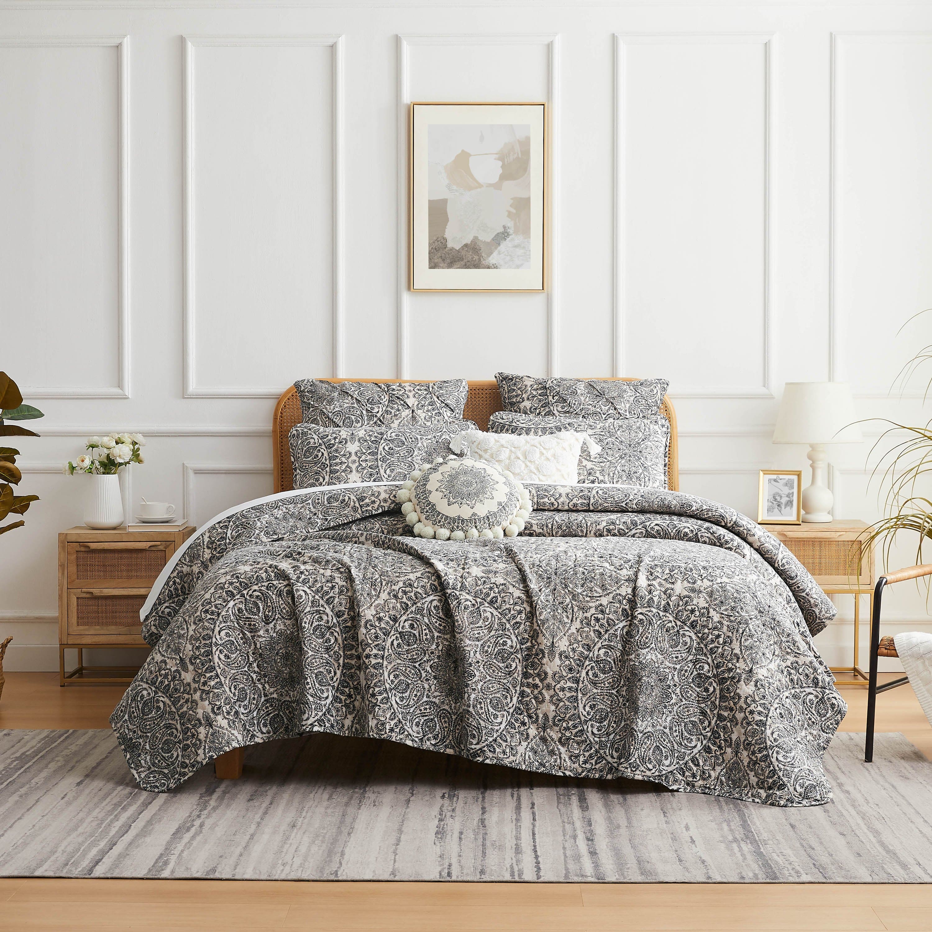 Front View of Ashanti Oversized 7-Piece Quilt Set in grey#color_ashanti-grey