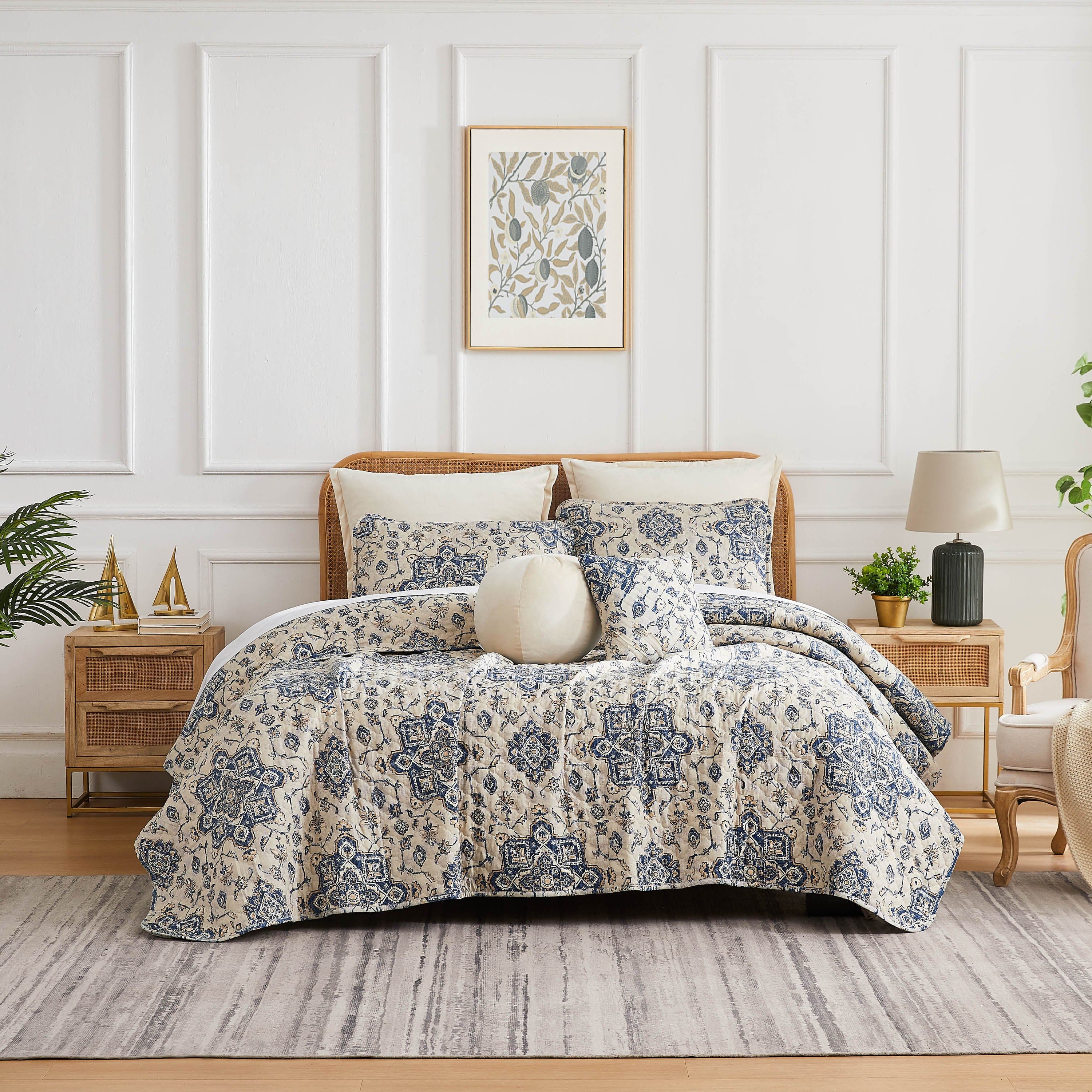Front View of Persia Oversized 7-Piece Quilt Set in indigo#color_persia-indigo