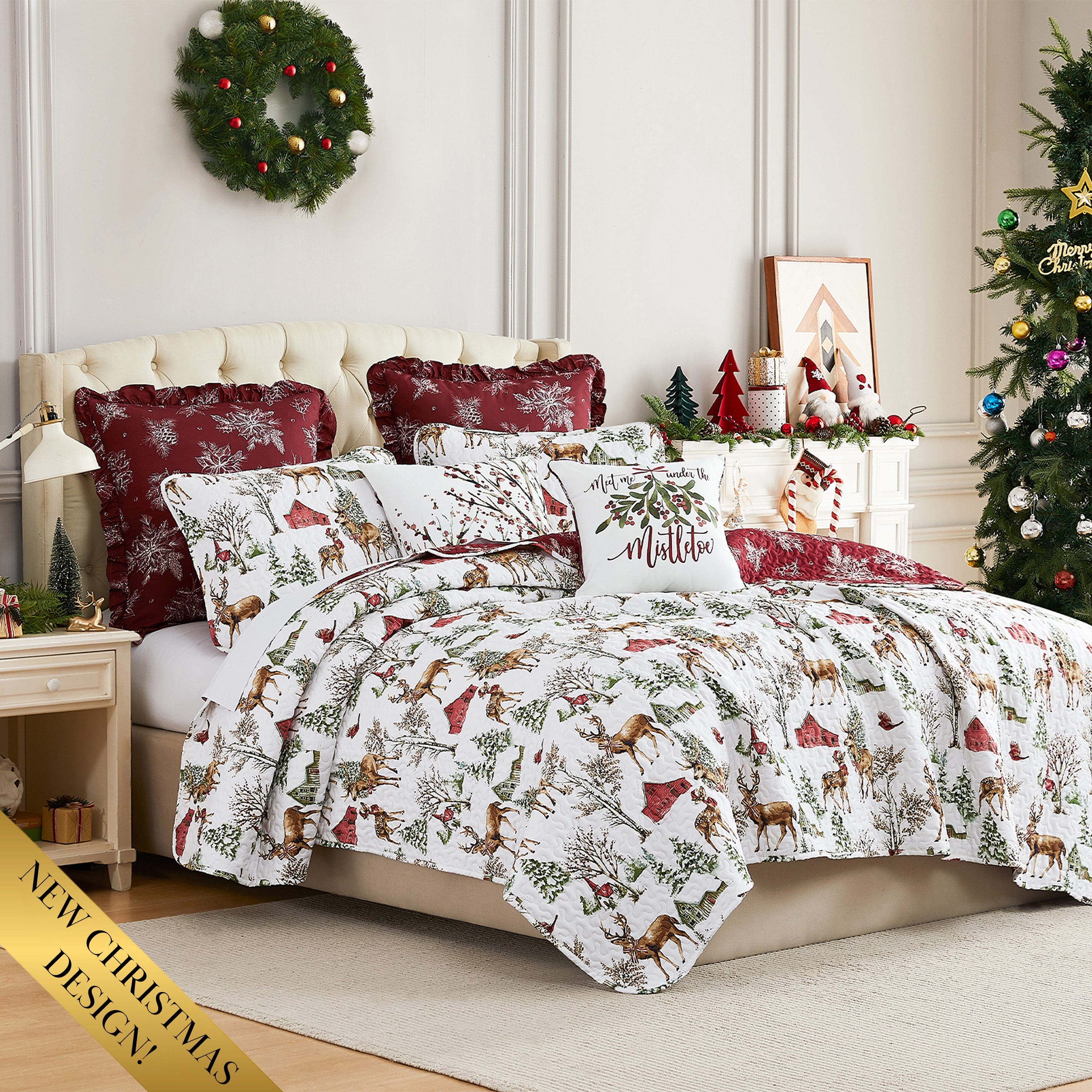 White Christmas Reversible 7-Piece Quilt Bedding Set