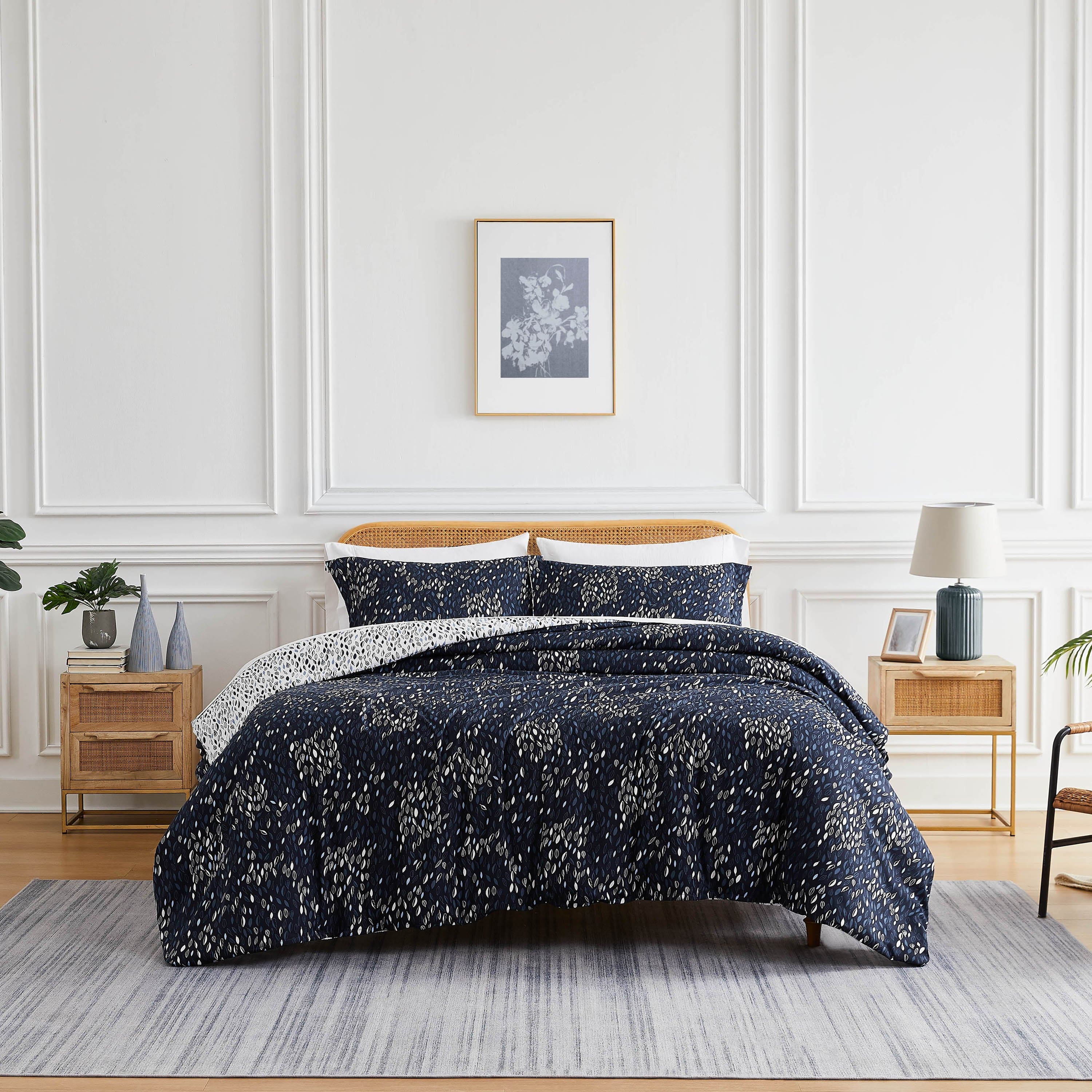 Front View of Reversible Botanical Leaves Comforter Set in blue#color_botanical-leaves-blue