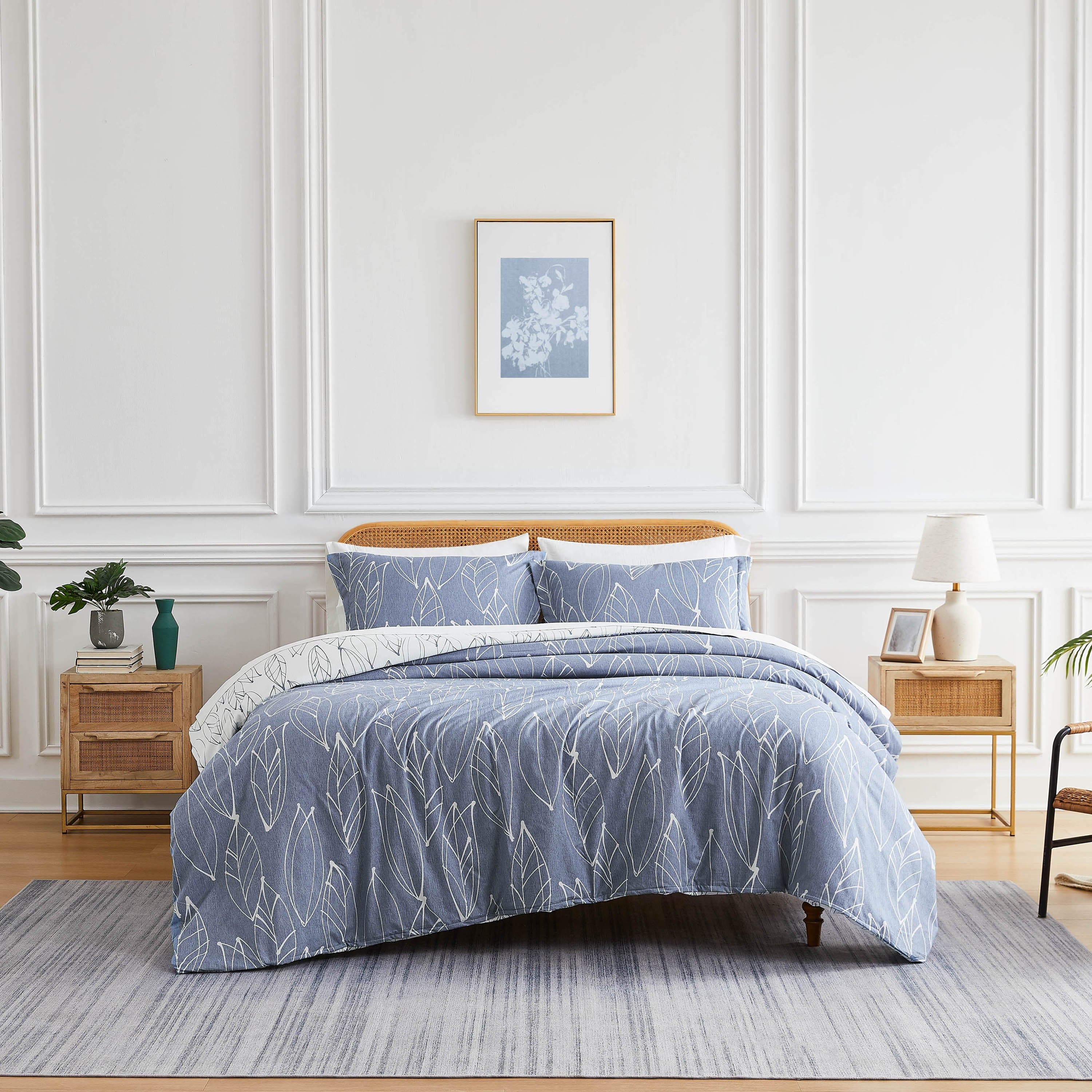 Front View of Reversible Modern Foliage Comforter Set in Blue#color_modern-foliage-blue