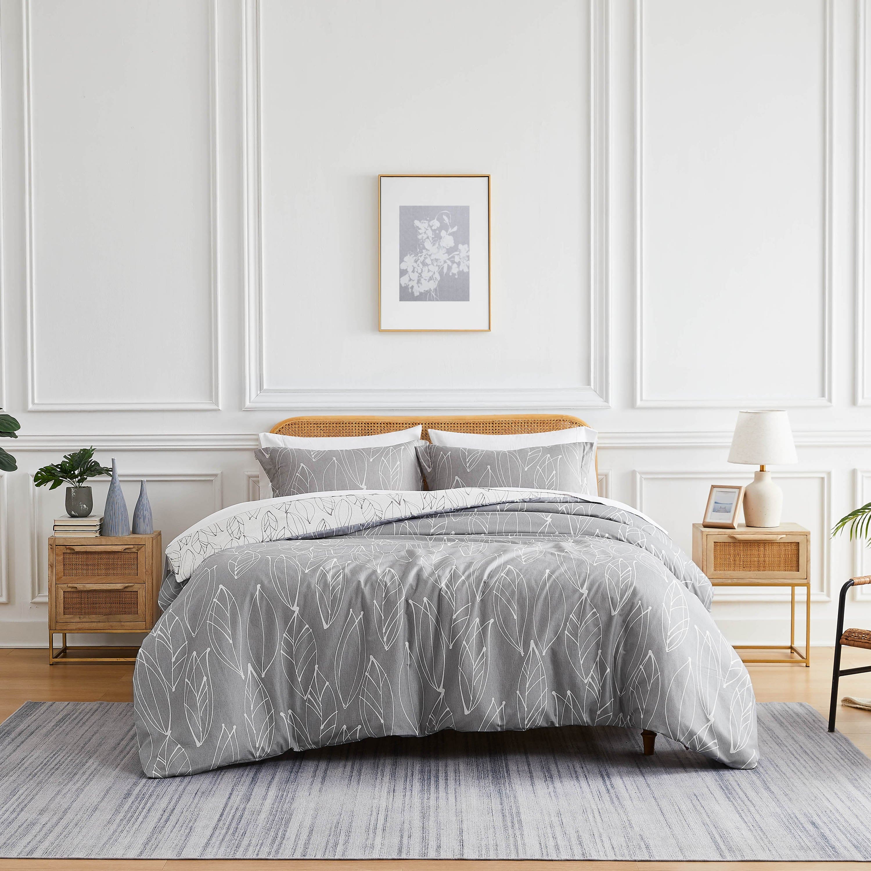 Front View of Reversible Modern Foliage Comforter Set in Grey#color_modern-foliage-grey