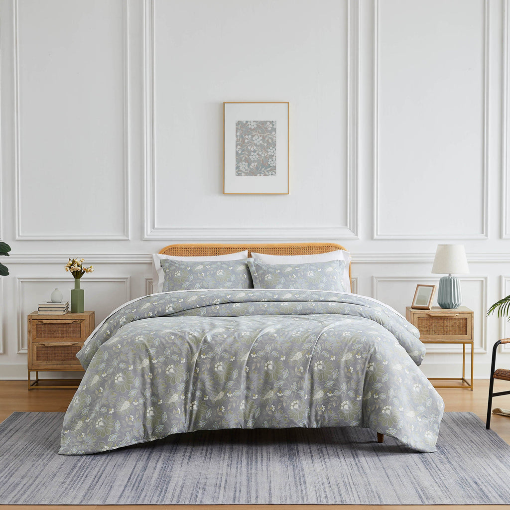 Front View of Infinite Blossom Comforter Set in Steel Blue#color_infinite-blossom-steel-blue