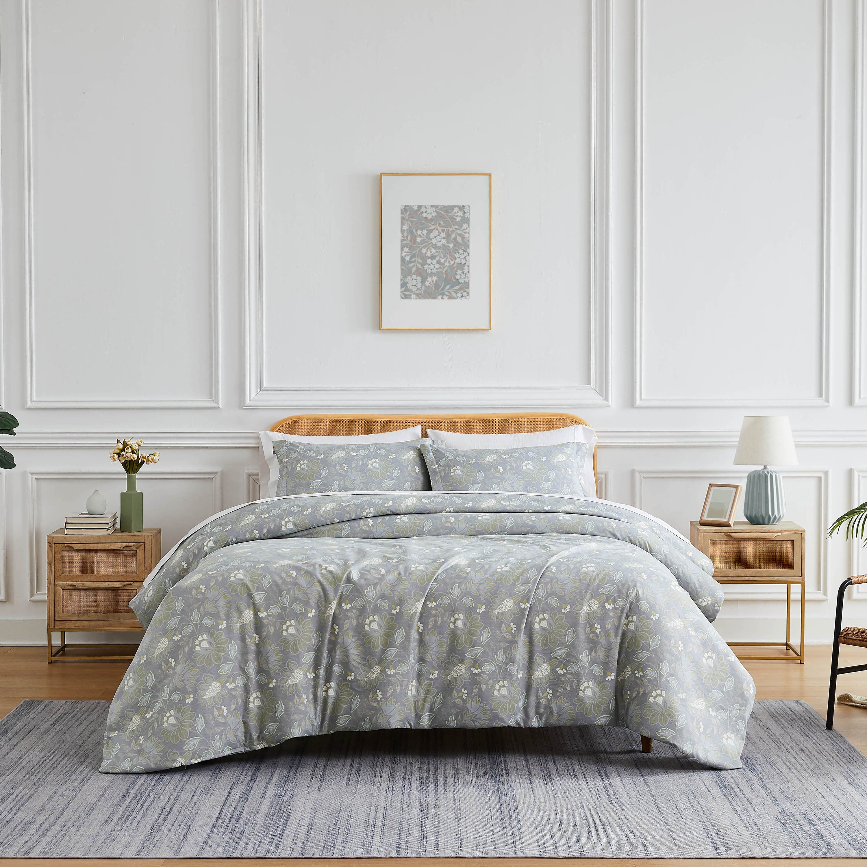 Front View of Infinite Blossom Comforter Set in Steel Blue#color_infinite-blossom-steel-blue