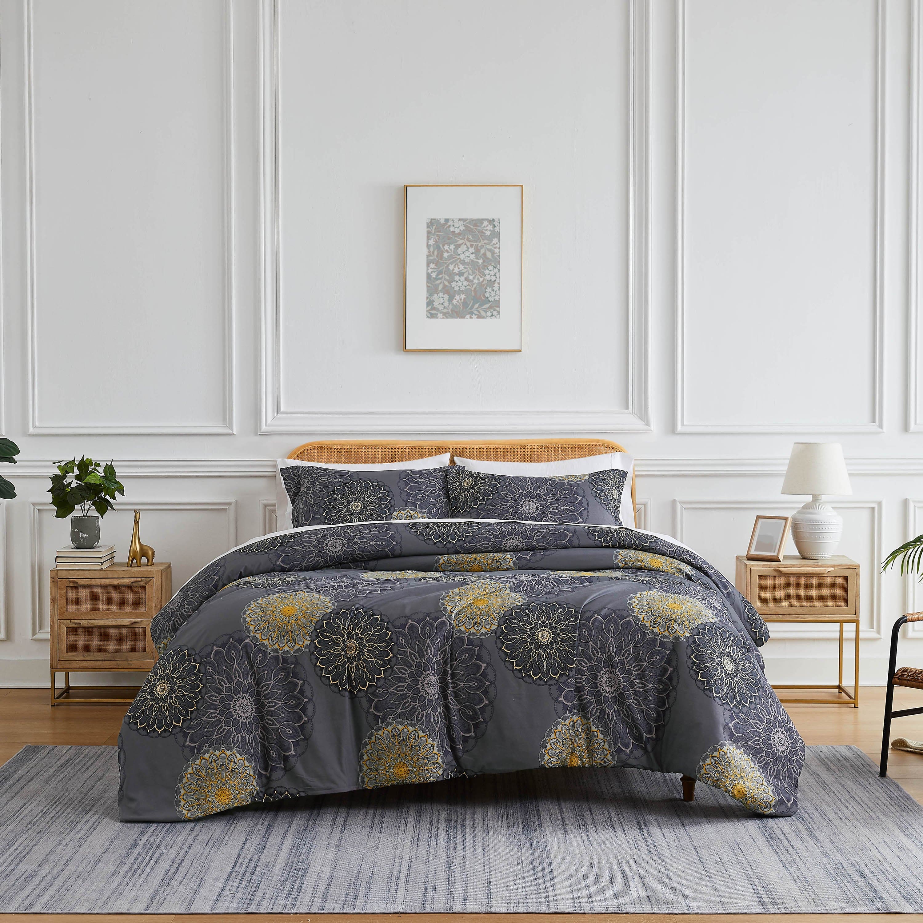 Front View of Midnight Floral Comforter Set in Black#color_midnight-floral-black