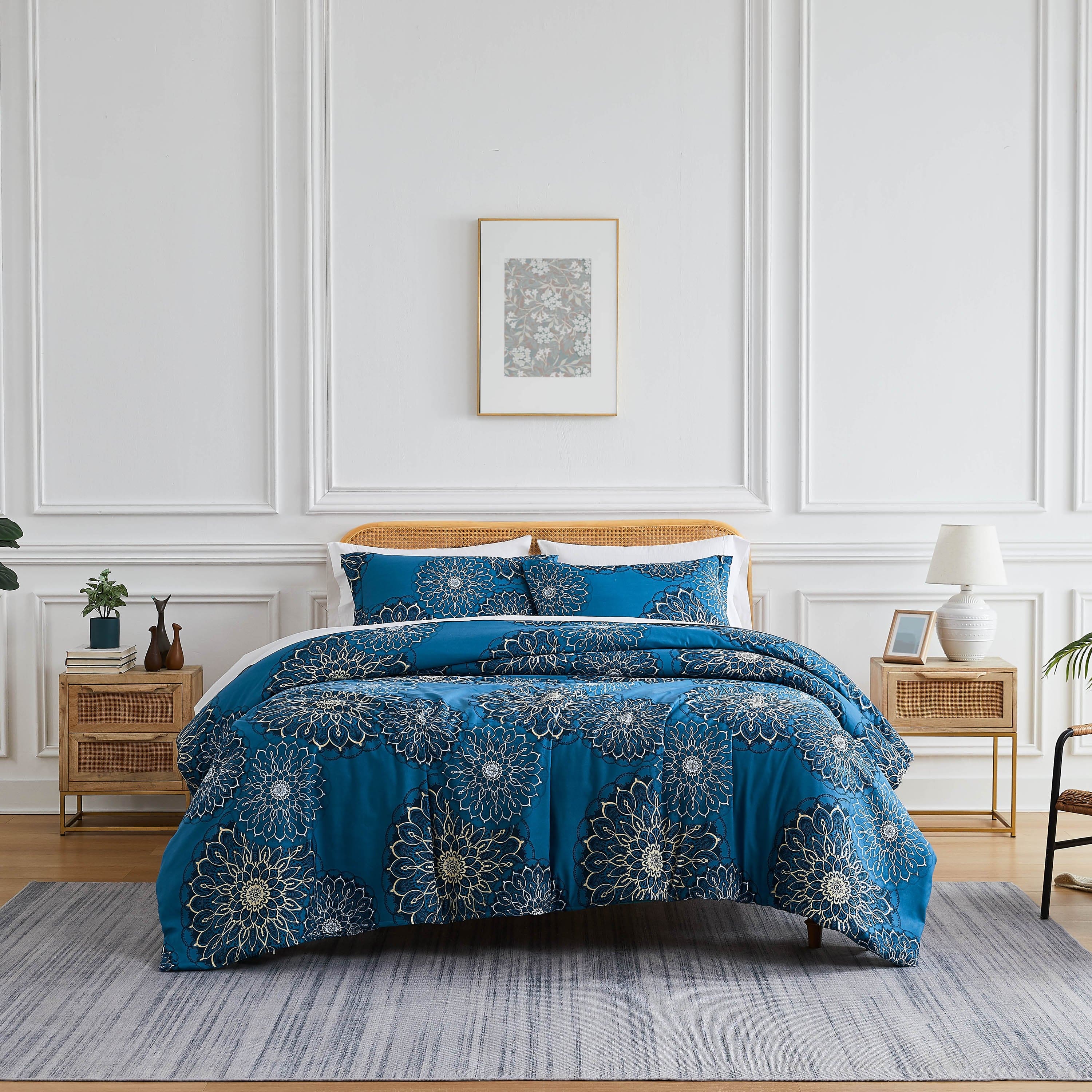 Front View of Midnight Floral Comforter Set in blue#color_midnight-floral-aqua