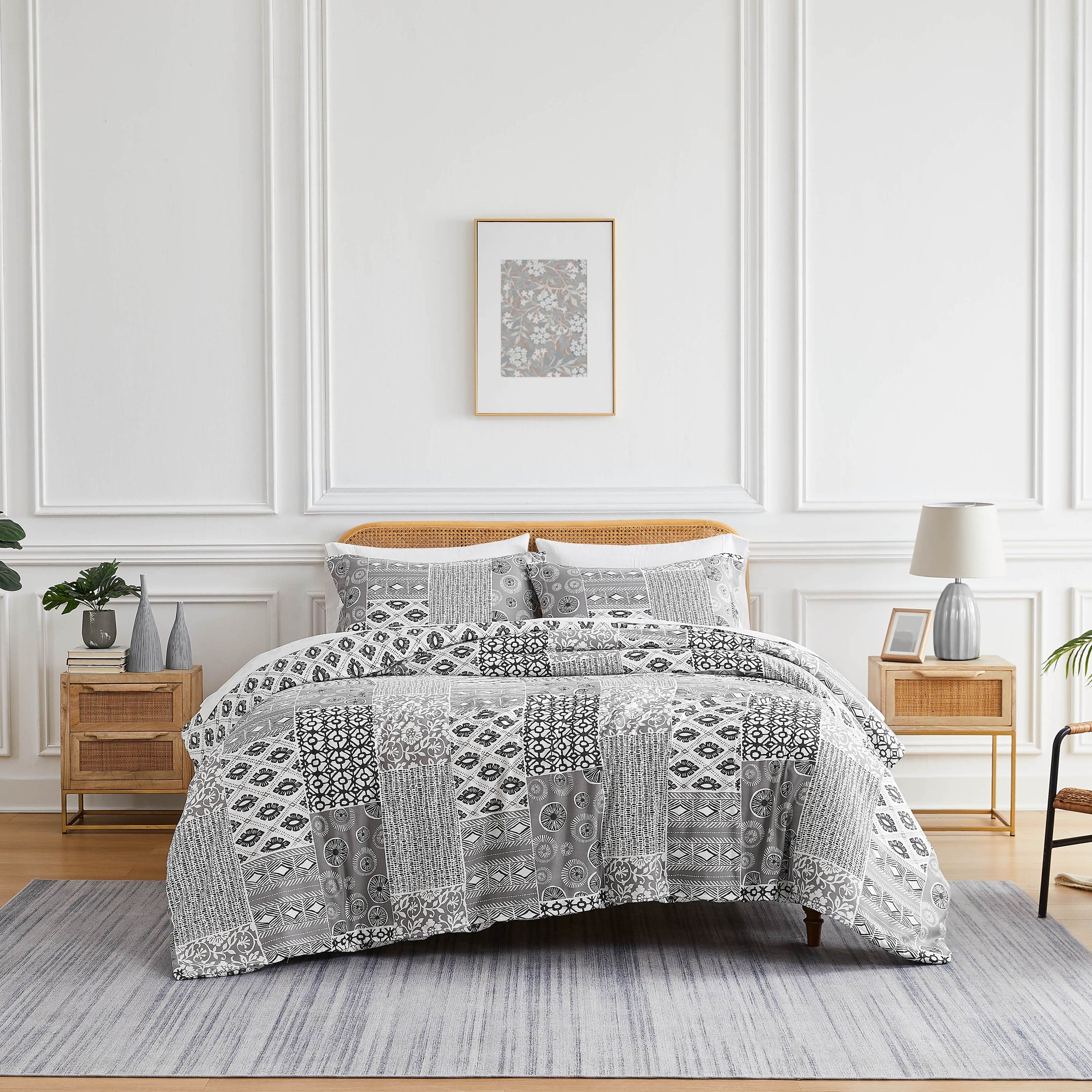 Front View of Global Patchwork Comforter Set in grey#color_patchwork-grey