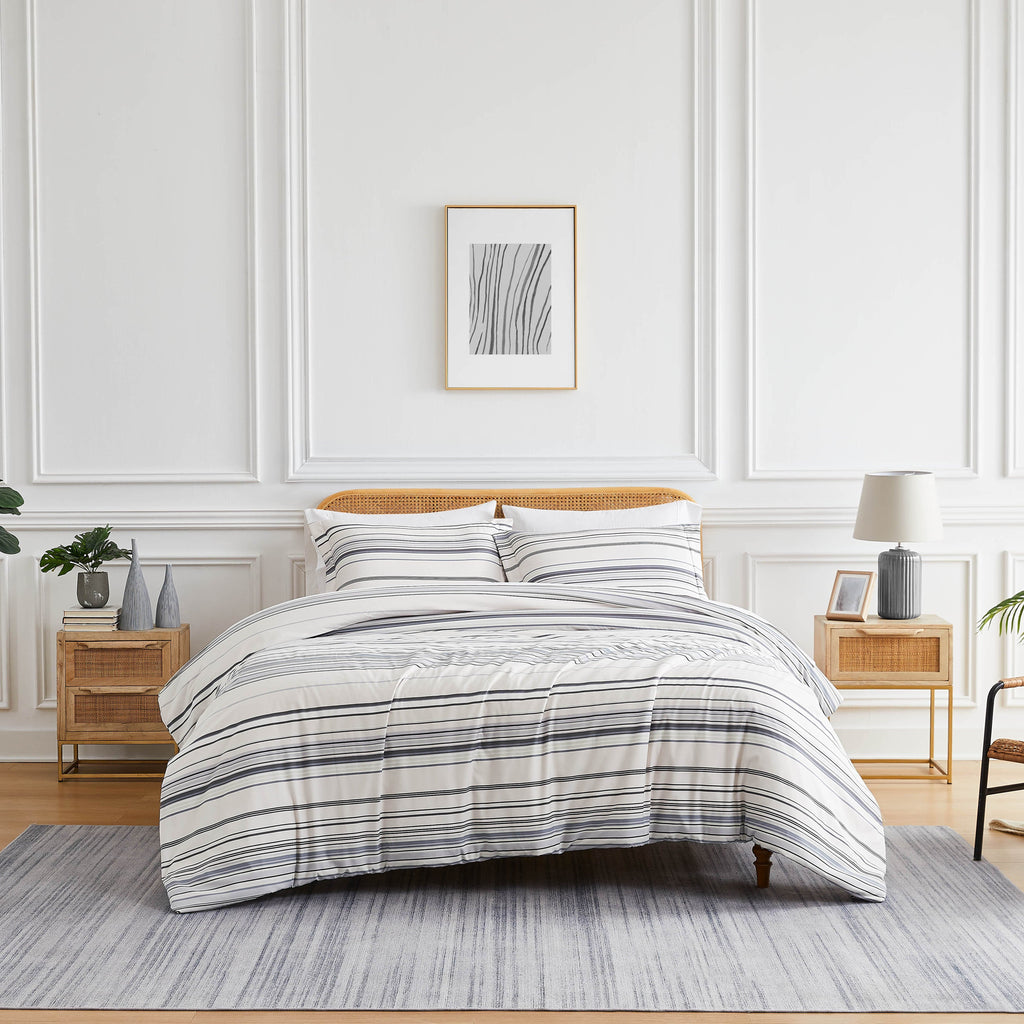 Front View of Coastal Stripes Comforter Set in grey#color_coastal-grey