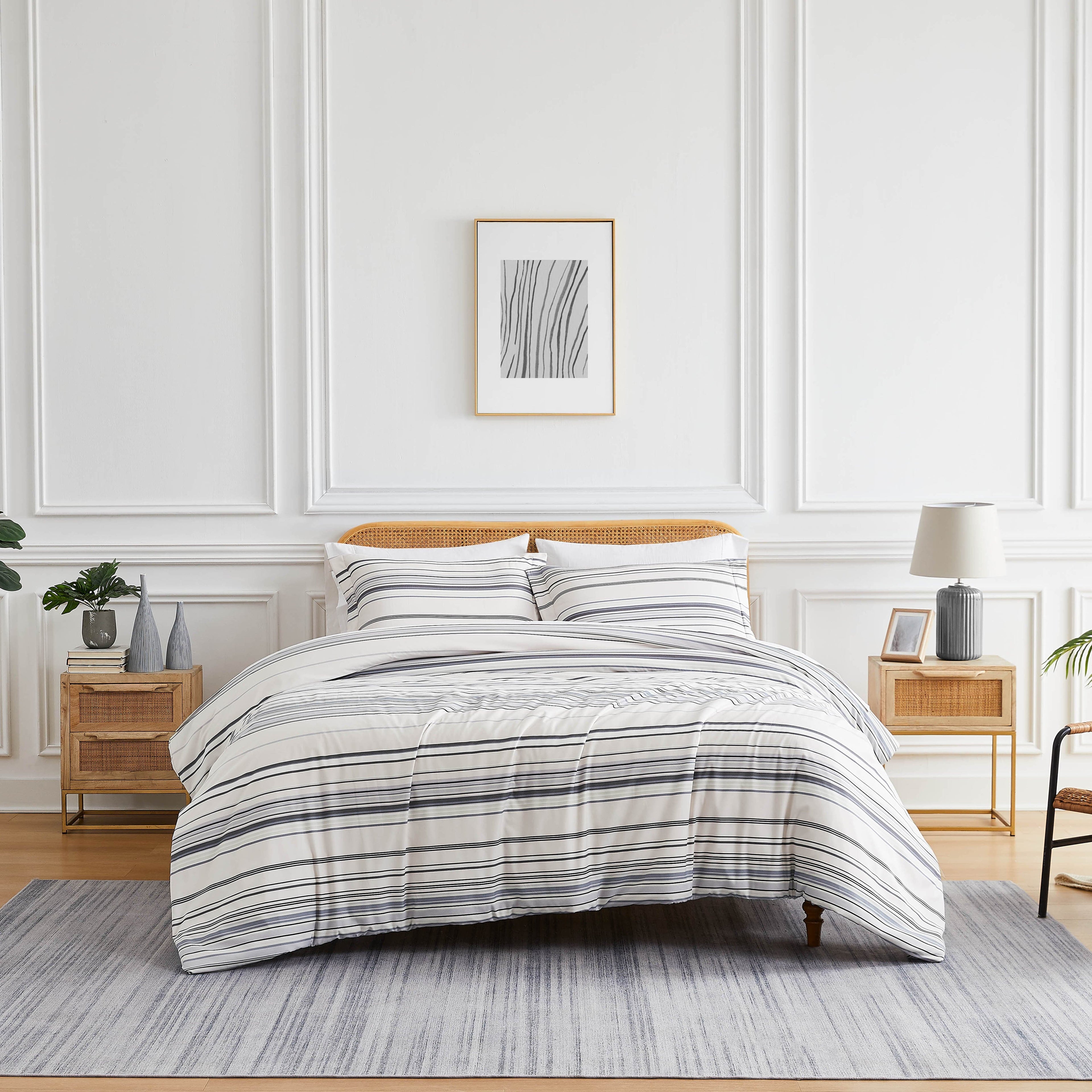 Front View of Coastal Stripes Comforter Set in grey#color_coastal-grey