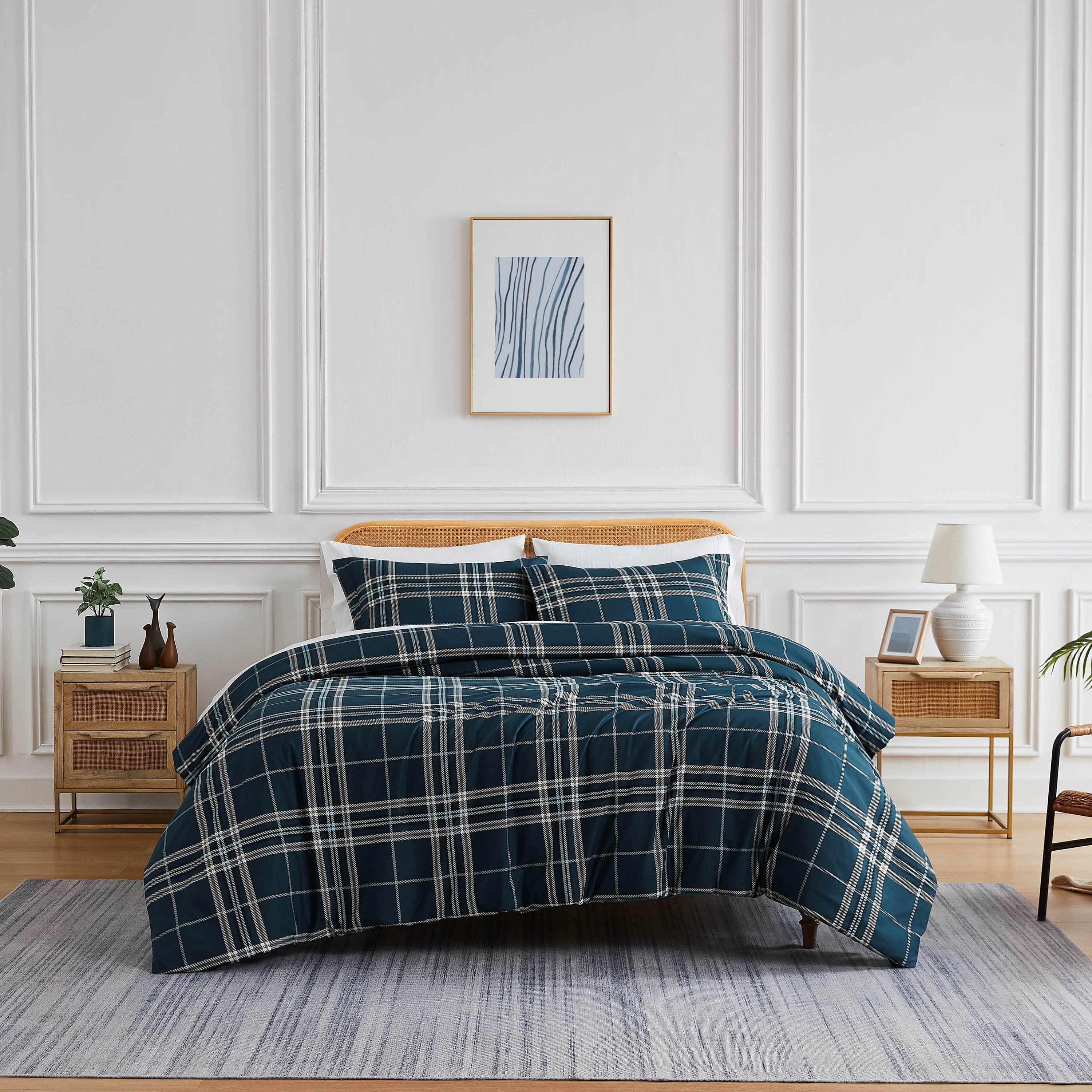 Front View of Vilano Plaid Comforter Set in Steel Blue#color_plaid-blue