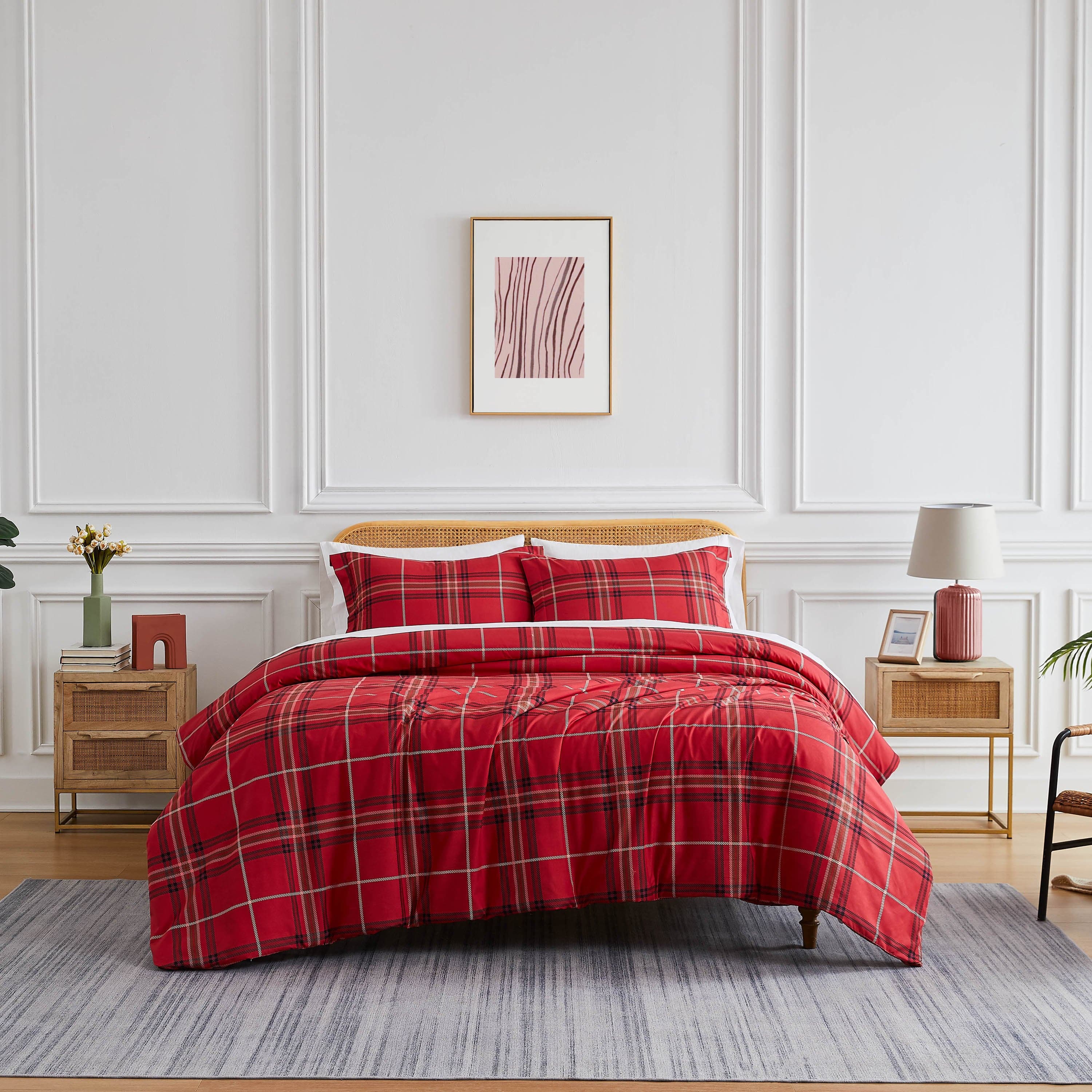 Front View of Vilano Plaid Comforter Set in red#color_plaid-red
