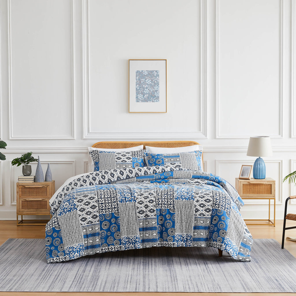 Front View of Global Patchwork Duvet Cover in blue#color_patchwork-blue