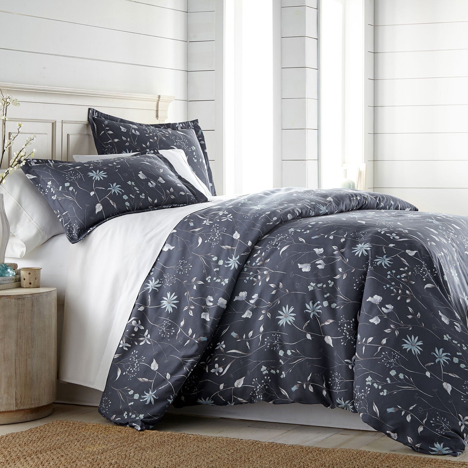 Side View of Secret Meadow Duvet Cover Set in Blue#color_secret-meadow-blue