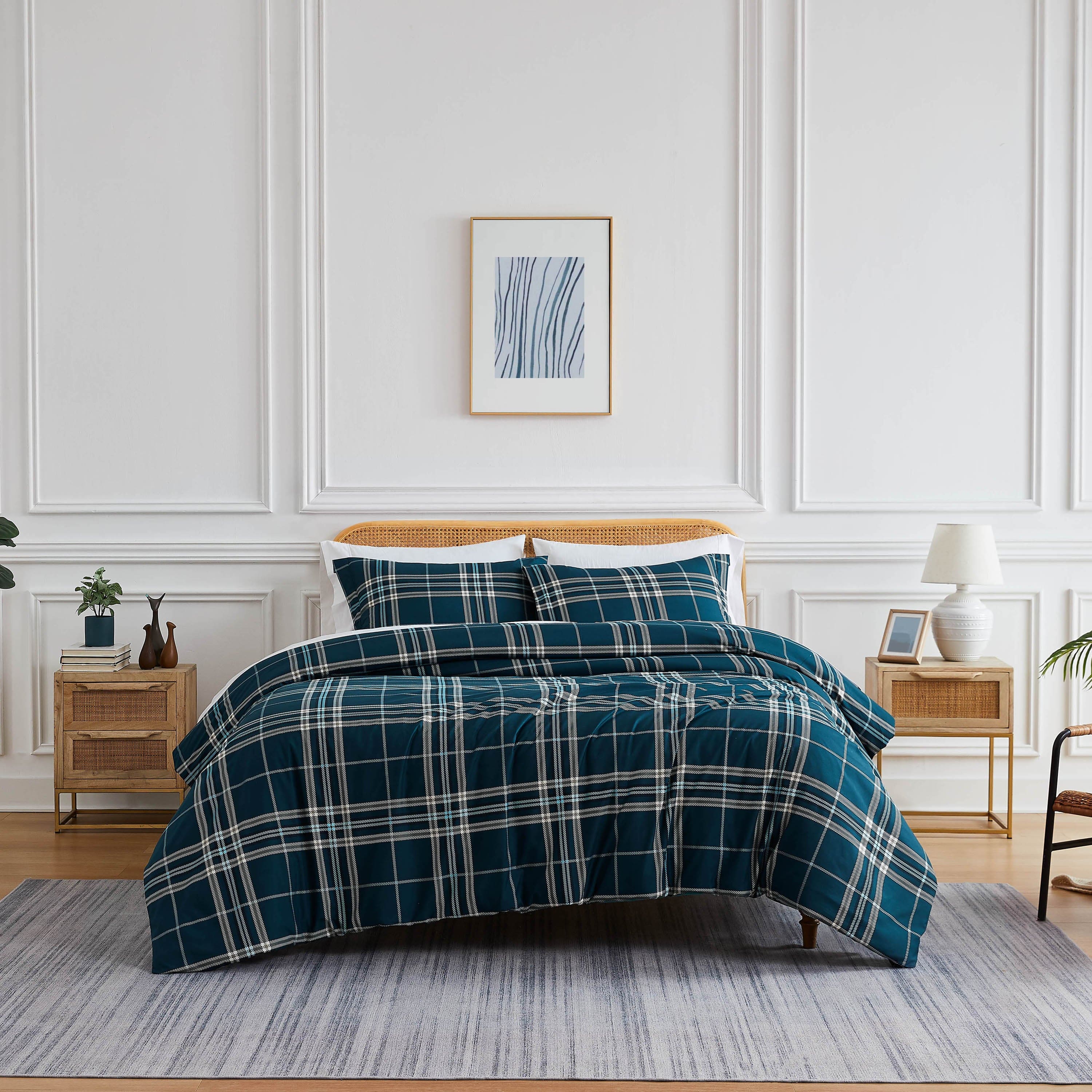 Front View of Vilano Plaid Duvet Cover Set in Steel Blue#color_plaid-blue