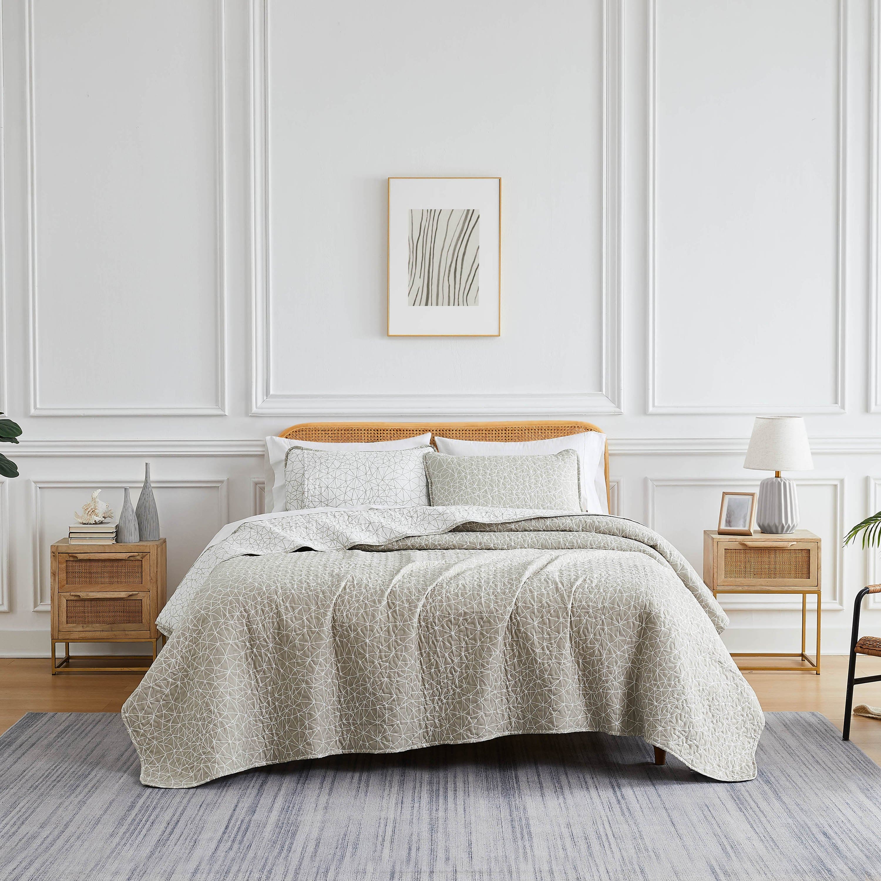 Front View of Geometric Maze Quilt Set in taupe#color_geometric-maze-taupe