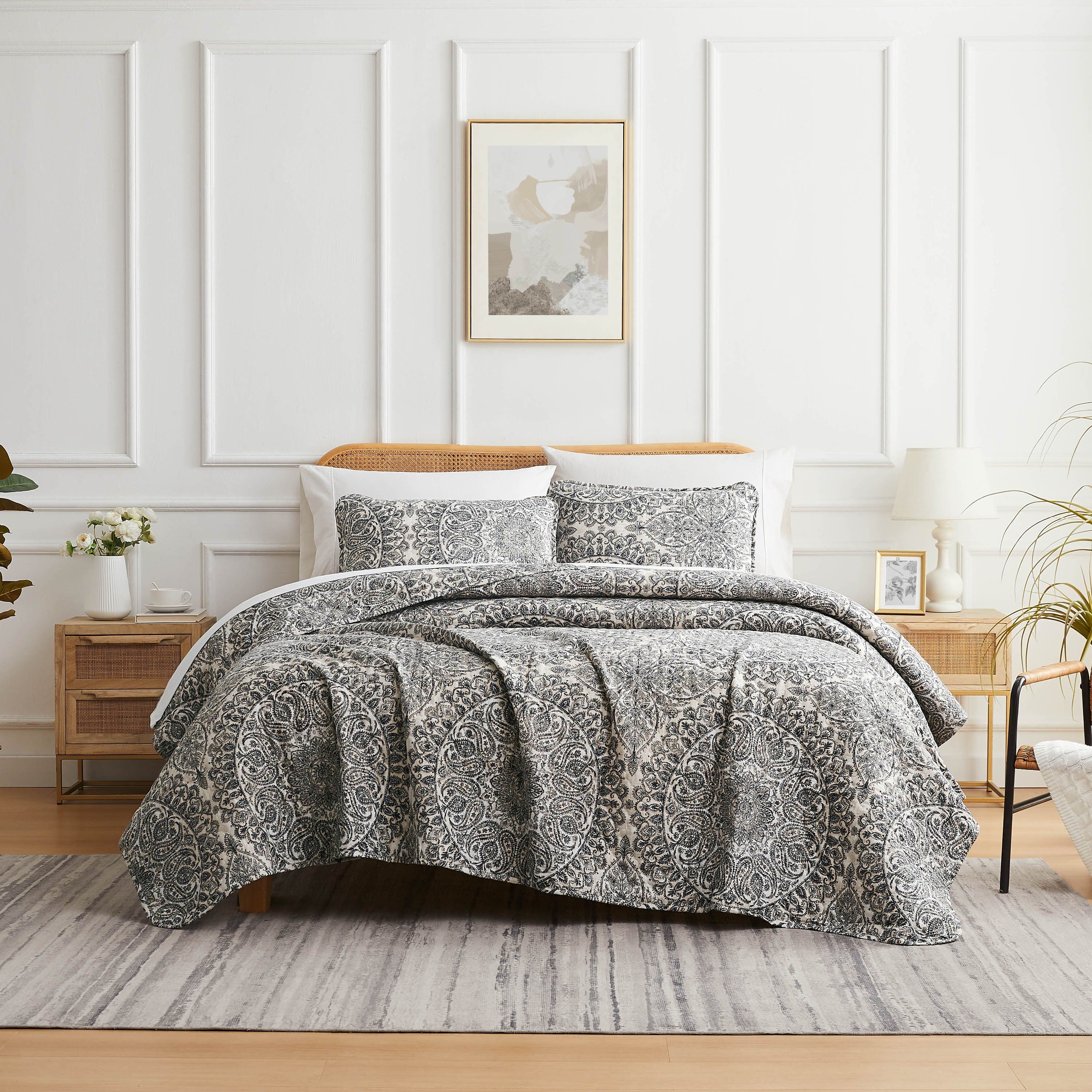 Front View of Ashanti Oversized Quilt Set in grey#color_ashanti-grey