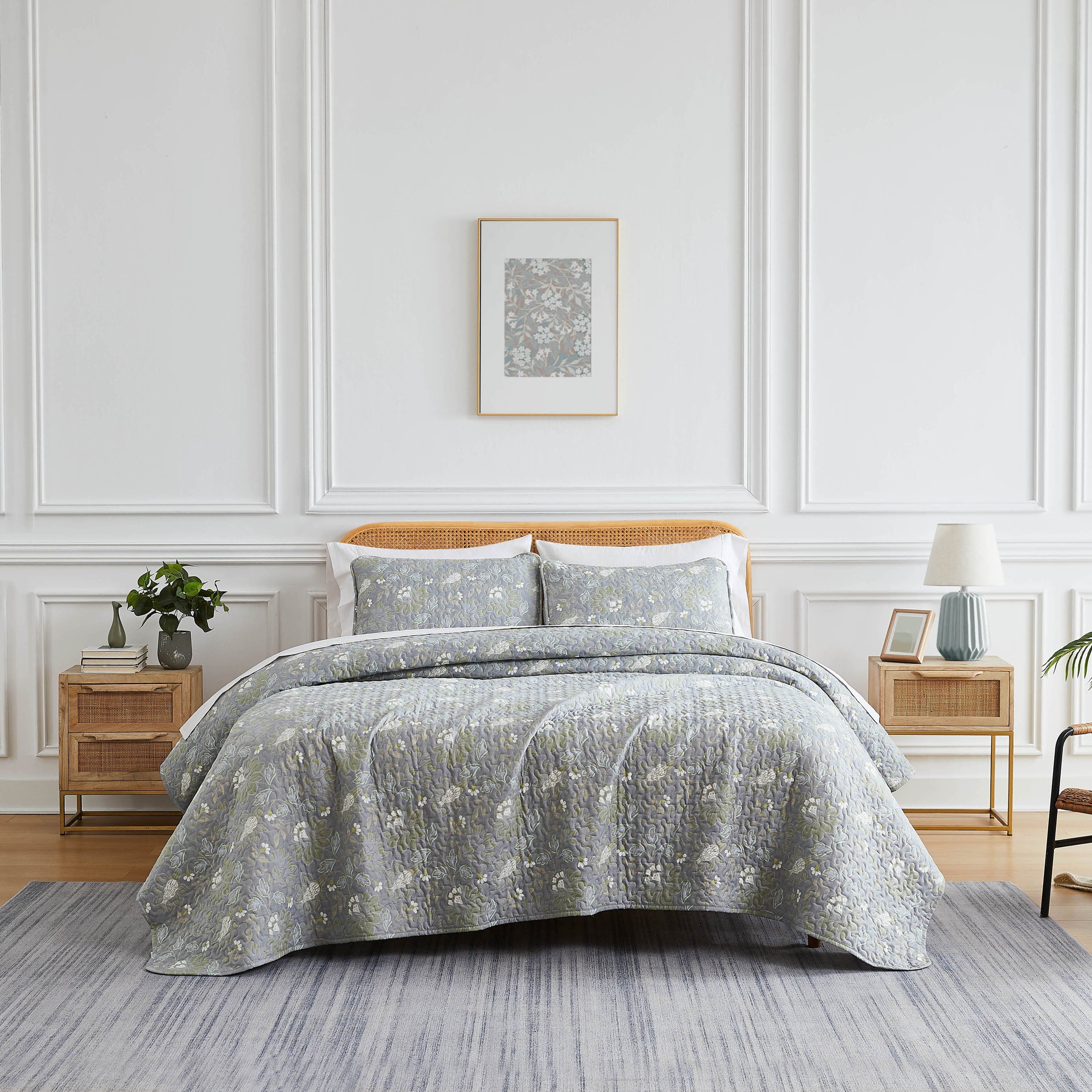 Front View of Infinite Blossom Quilt Set in steel blue#color_infinite-blossom-steel-blue