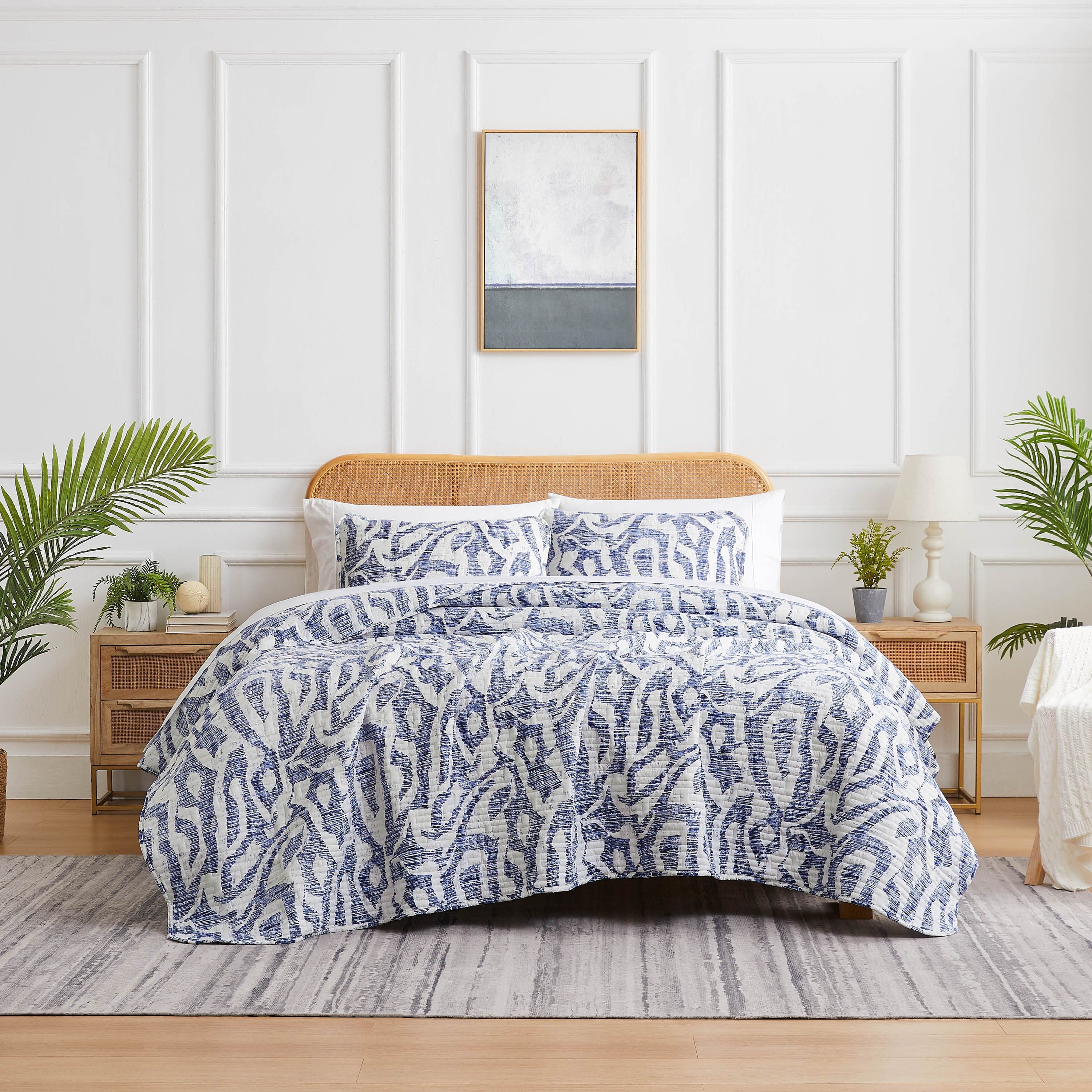 Front View of Khari Oversized Quilt Set in Blue#color_khari-blue
