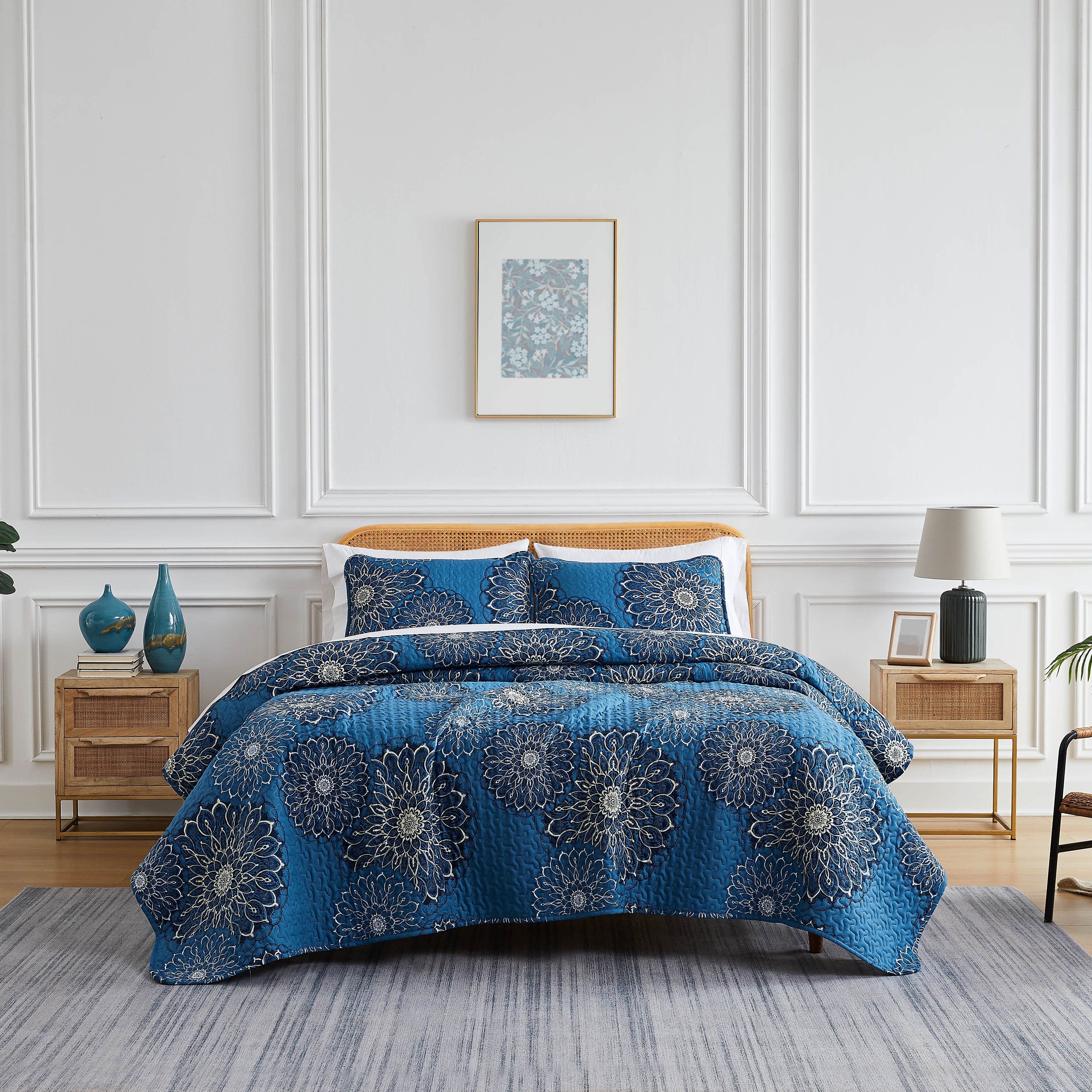 Front View of Midnight Florals Quilt Set in blue#color_midnight-floral-aqua