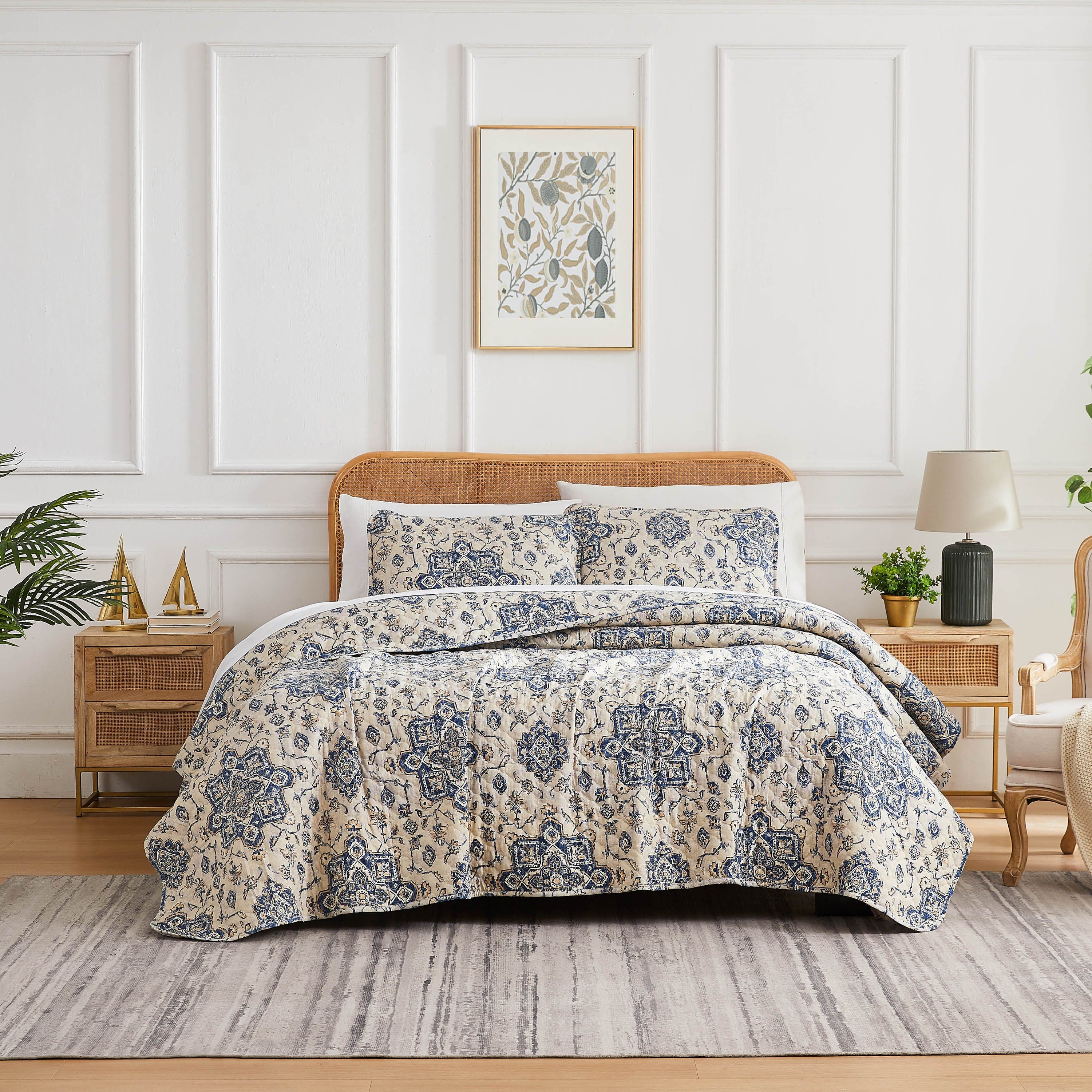 Front View of Persia Oversized Quilt Set in Indigo#color_persia-indigo
