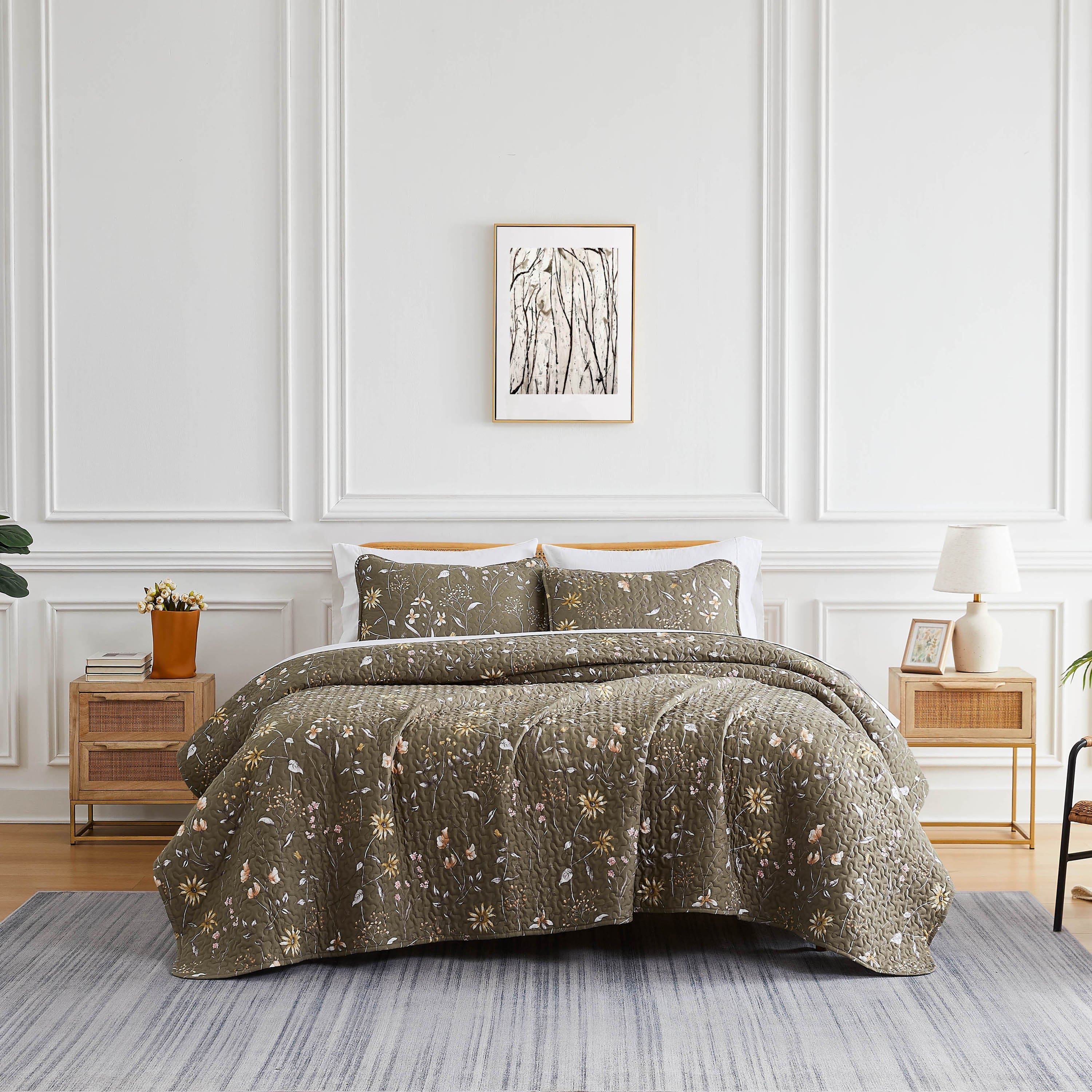 Front View of Secret Meadow Quilt Set in olive-brown#color_secret-meadow-olive-brown