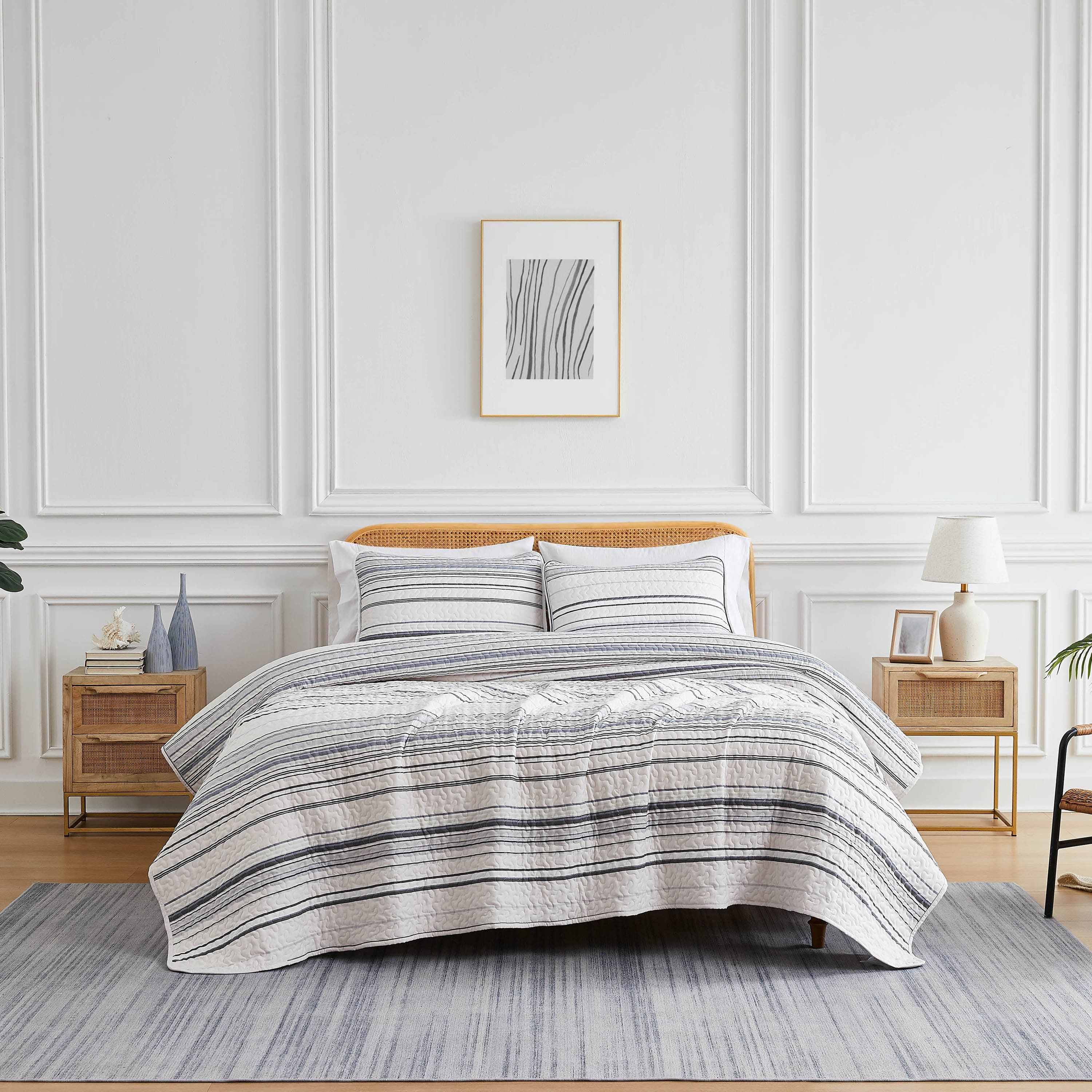 Front View of Coastal Stripes Quilt Set in grey#color_coastal-grey
