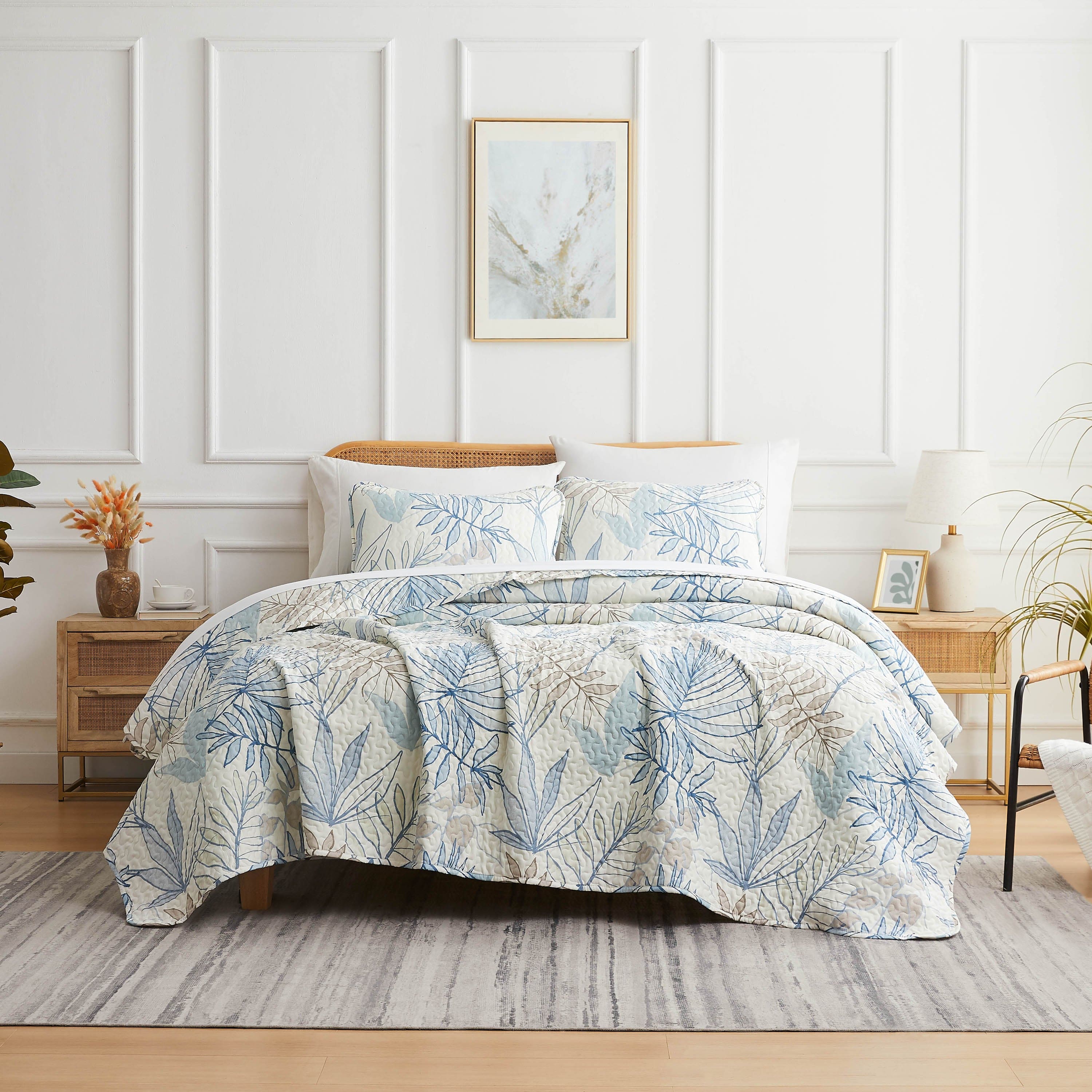 Front View of Tropic Leaf Oversized Quilt Set in blue#color_tropic-leaf-blue