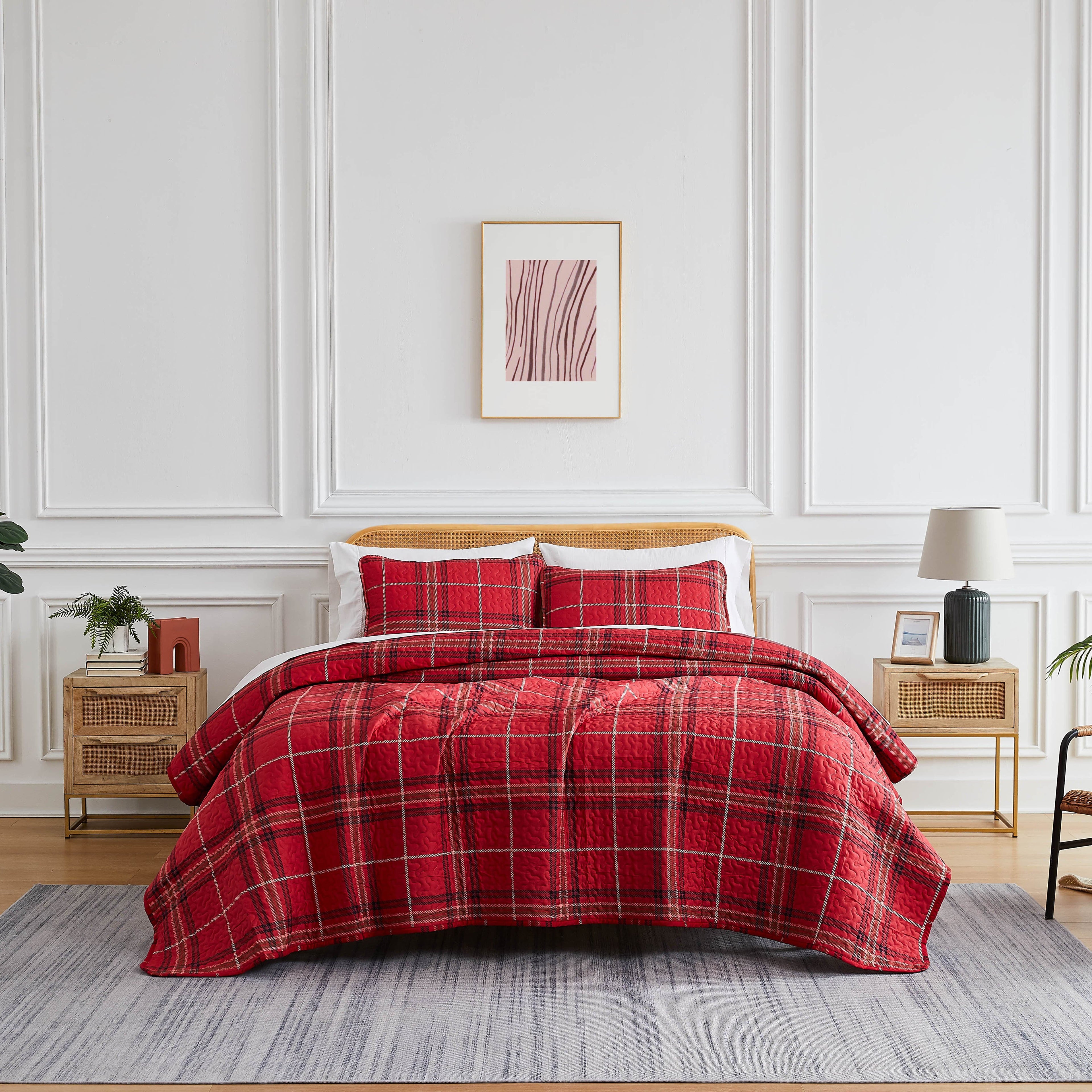 Front View of Vilano Plaid Quilt Set in red#color_plaid-red