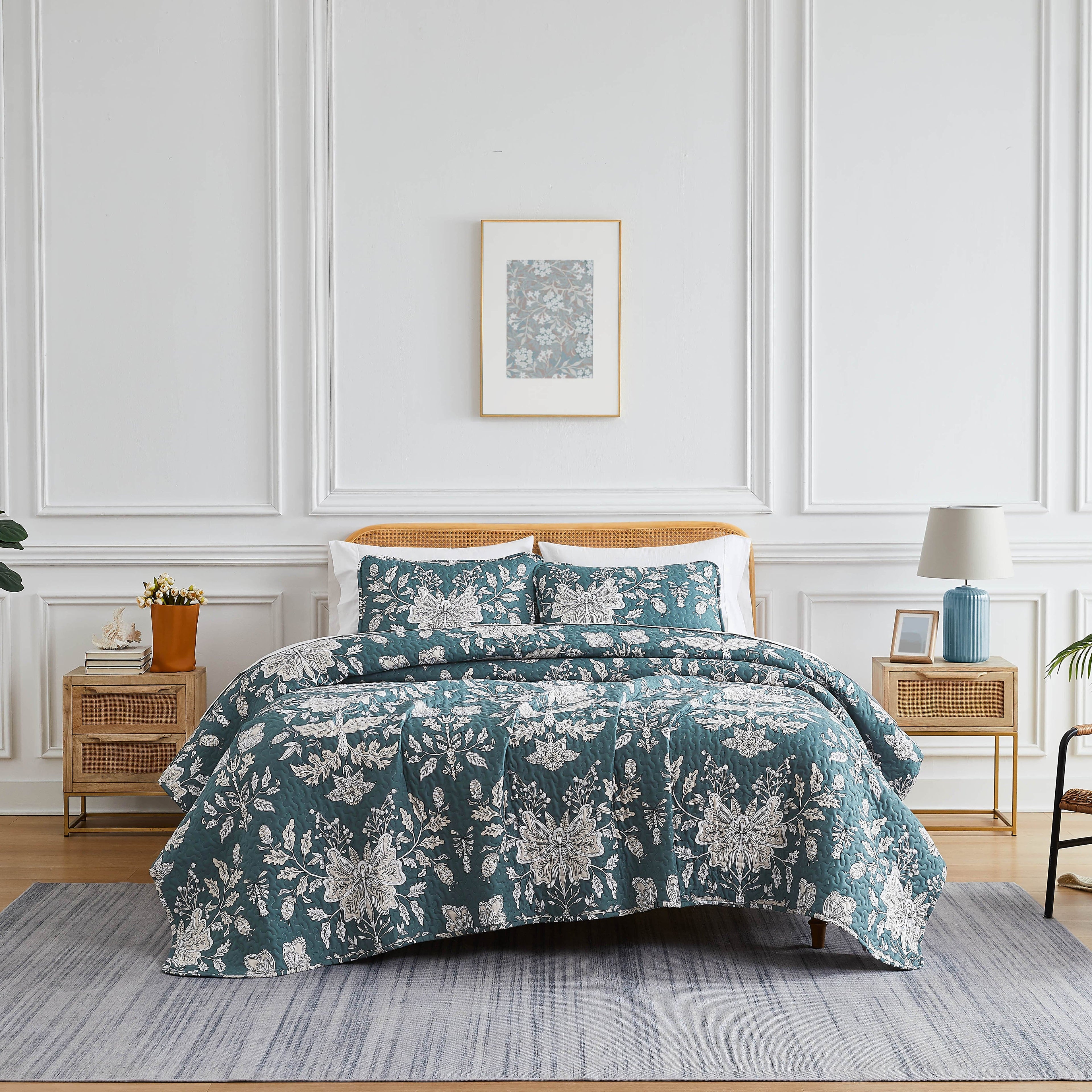 Front View of Vintage Garden Quilt Set in blue#color_vintage-garden-smokey-blue