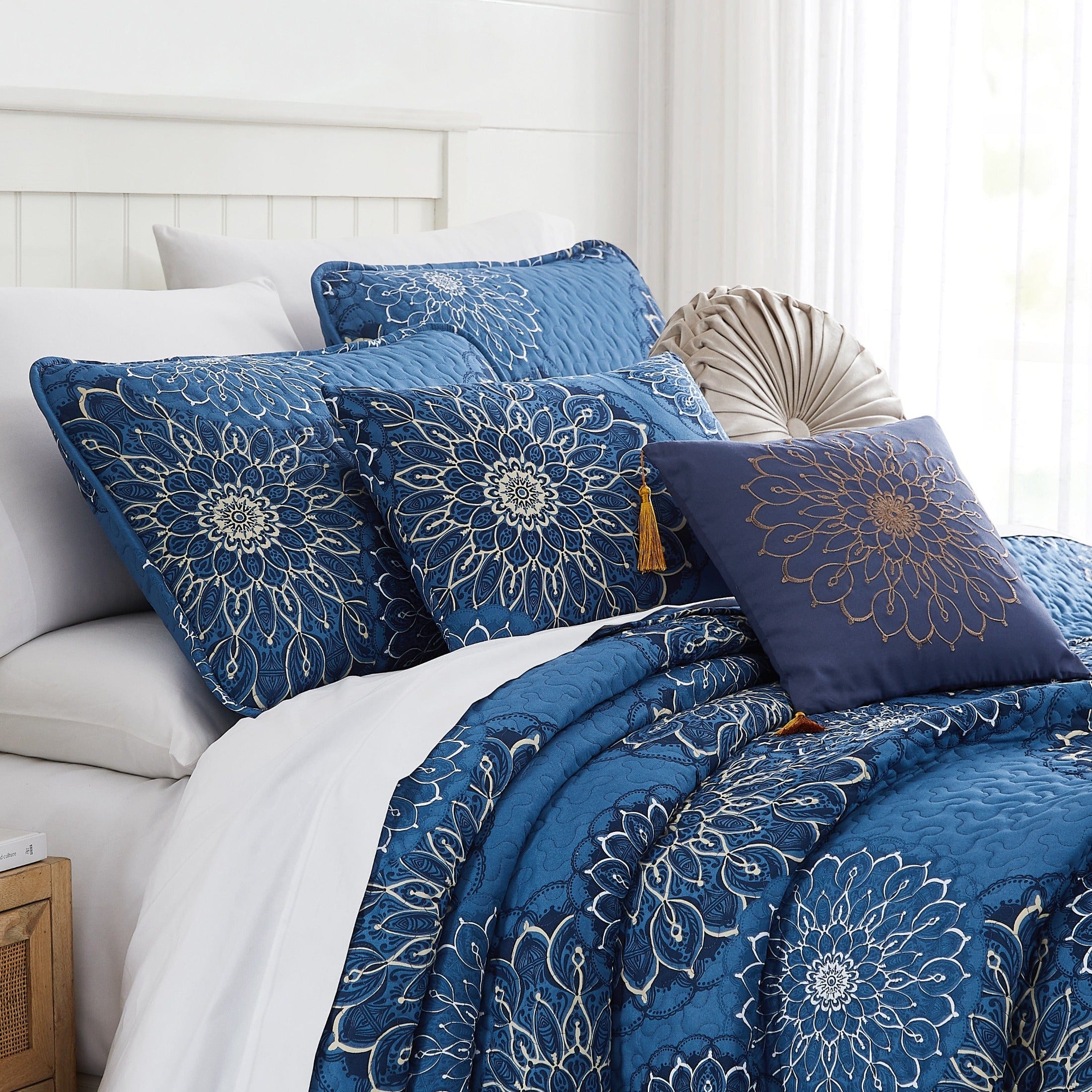 Side View of Midnight Floral 6-Piece Quilt Bedding Set in Blue#color_midnight-floral-blue