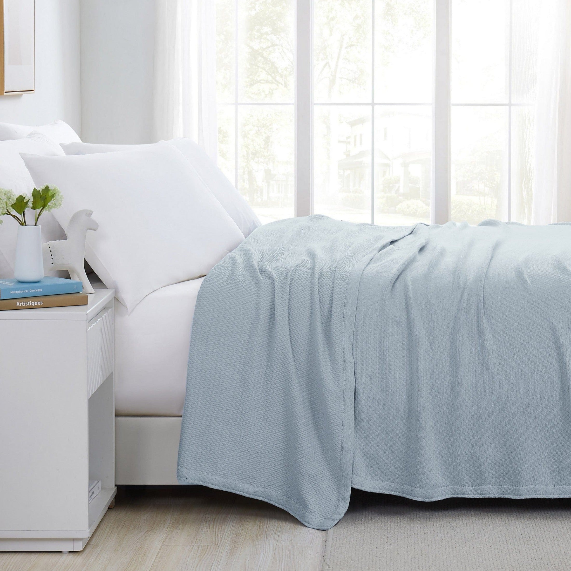 Side View of Milton Cotton Blankets and Throws in Blue#color_milton-blue