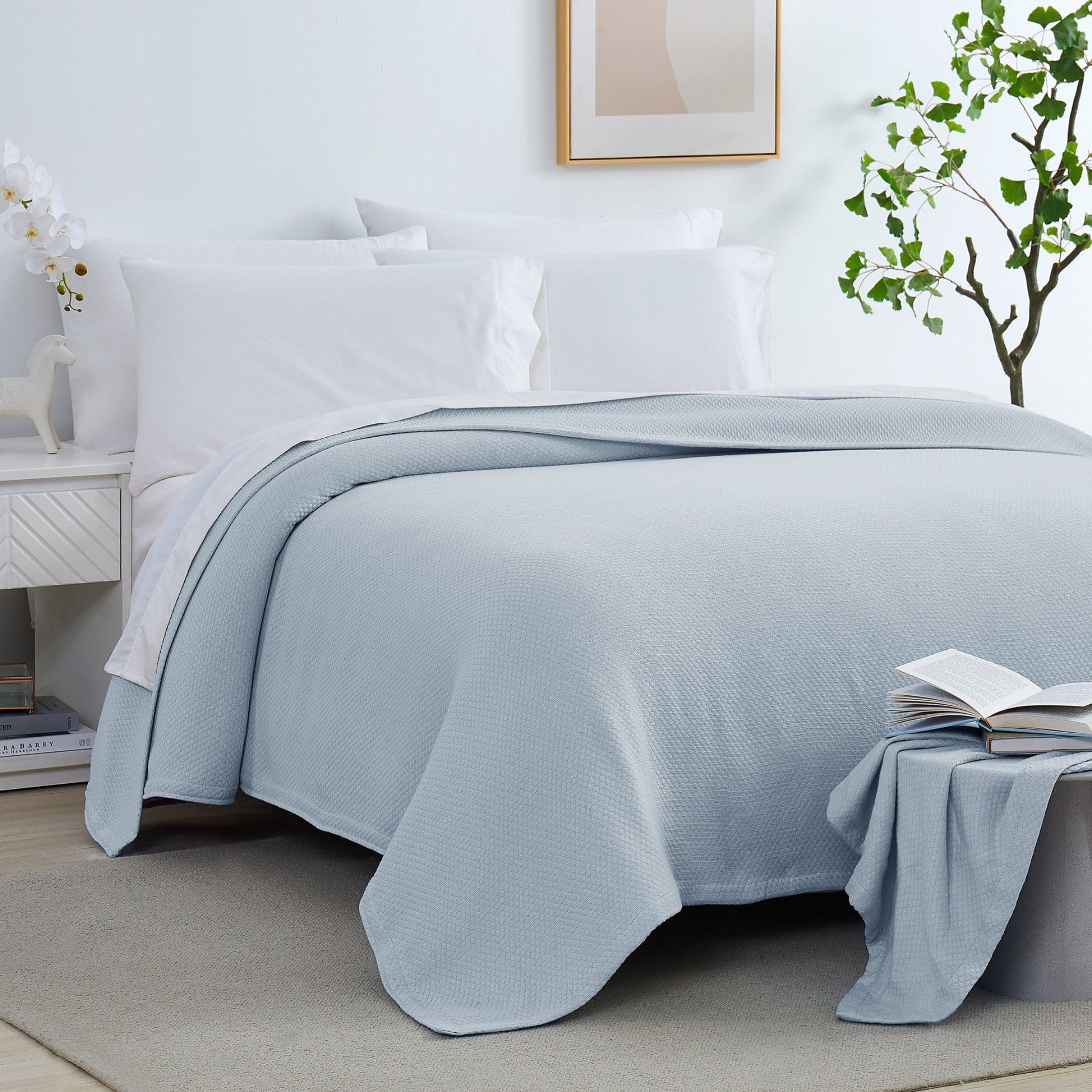 Front View of Milton Cotton Blankets and Throws in Blue#color_milton-blue