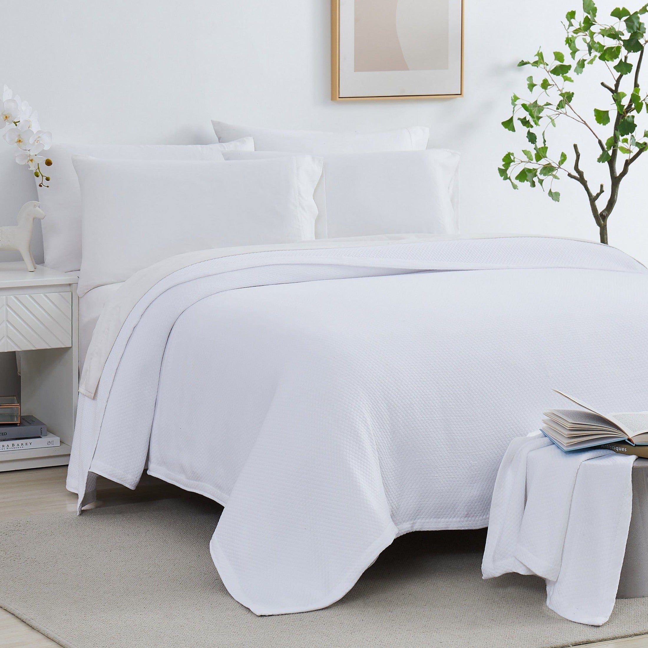 Front View of Milton Cotton Blankets and Throws in White#color_milton-white